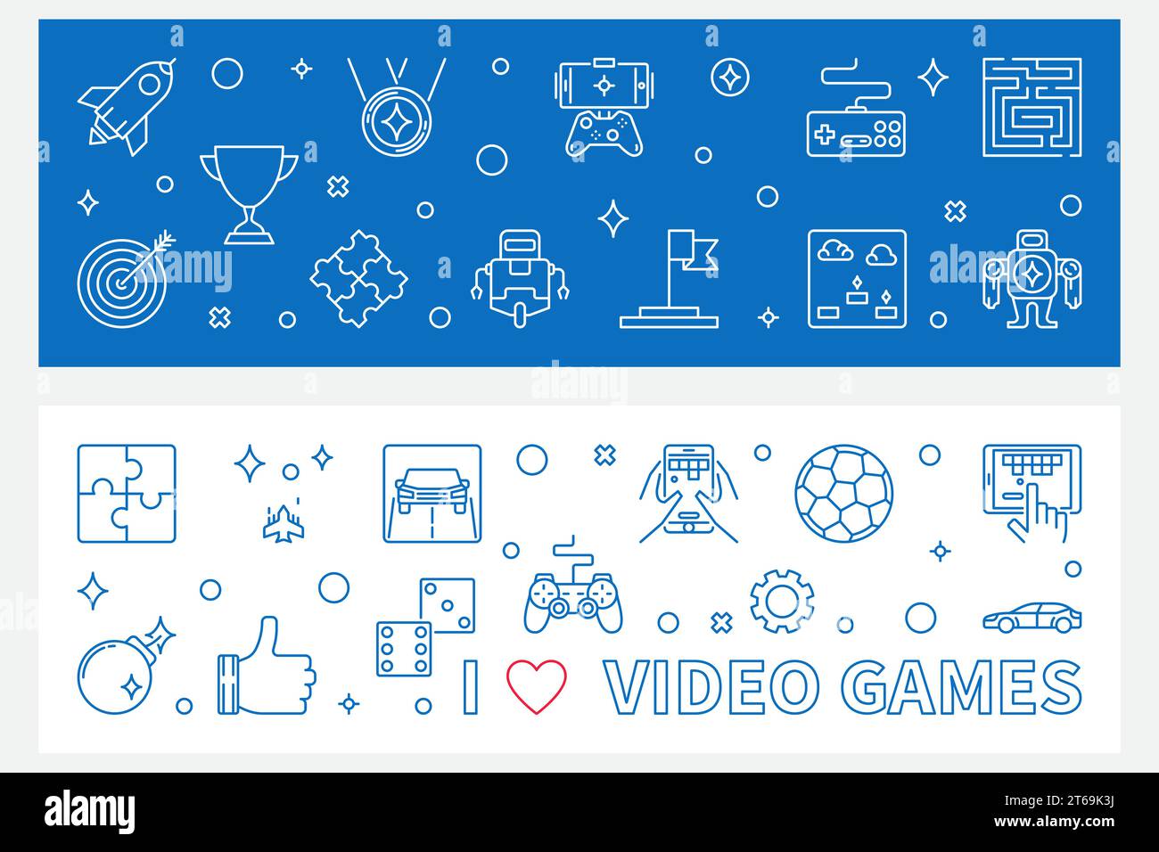 I Love Video Games outline banners. Vector Game horizontal illustration Stock Vector