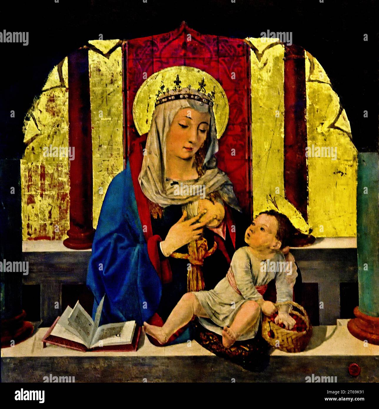 Mary and child breastfeeding the child, Severinus of Noricum on the throne, surrounded by saints, 1472. Polytypical.  Naples, Italy, Italian, 2 Middle Panels , Stock Photo