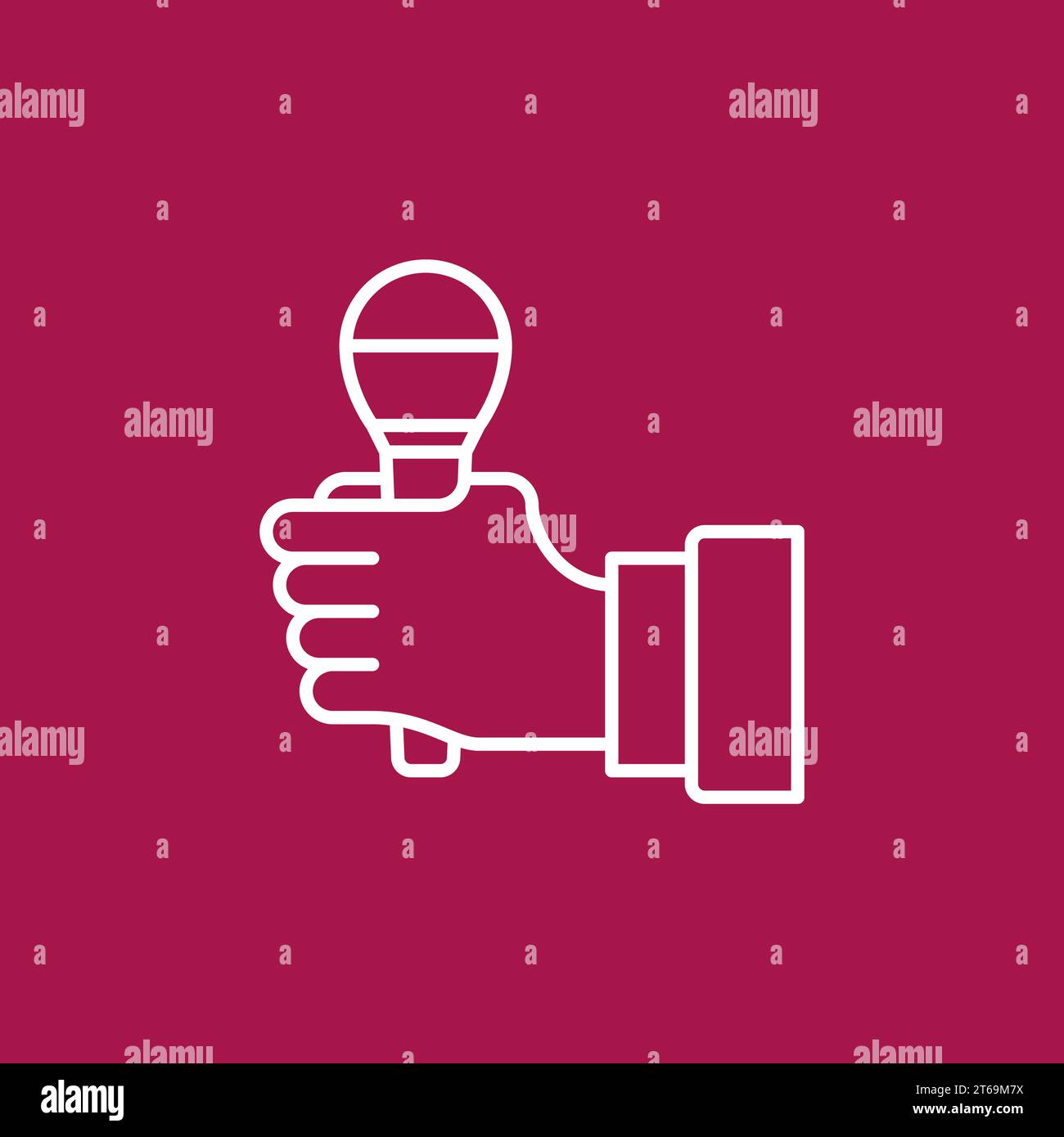 Microphone in Hand outline vector concept icon on red background Stock Vector