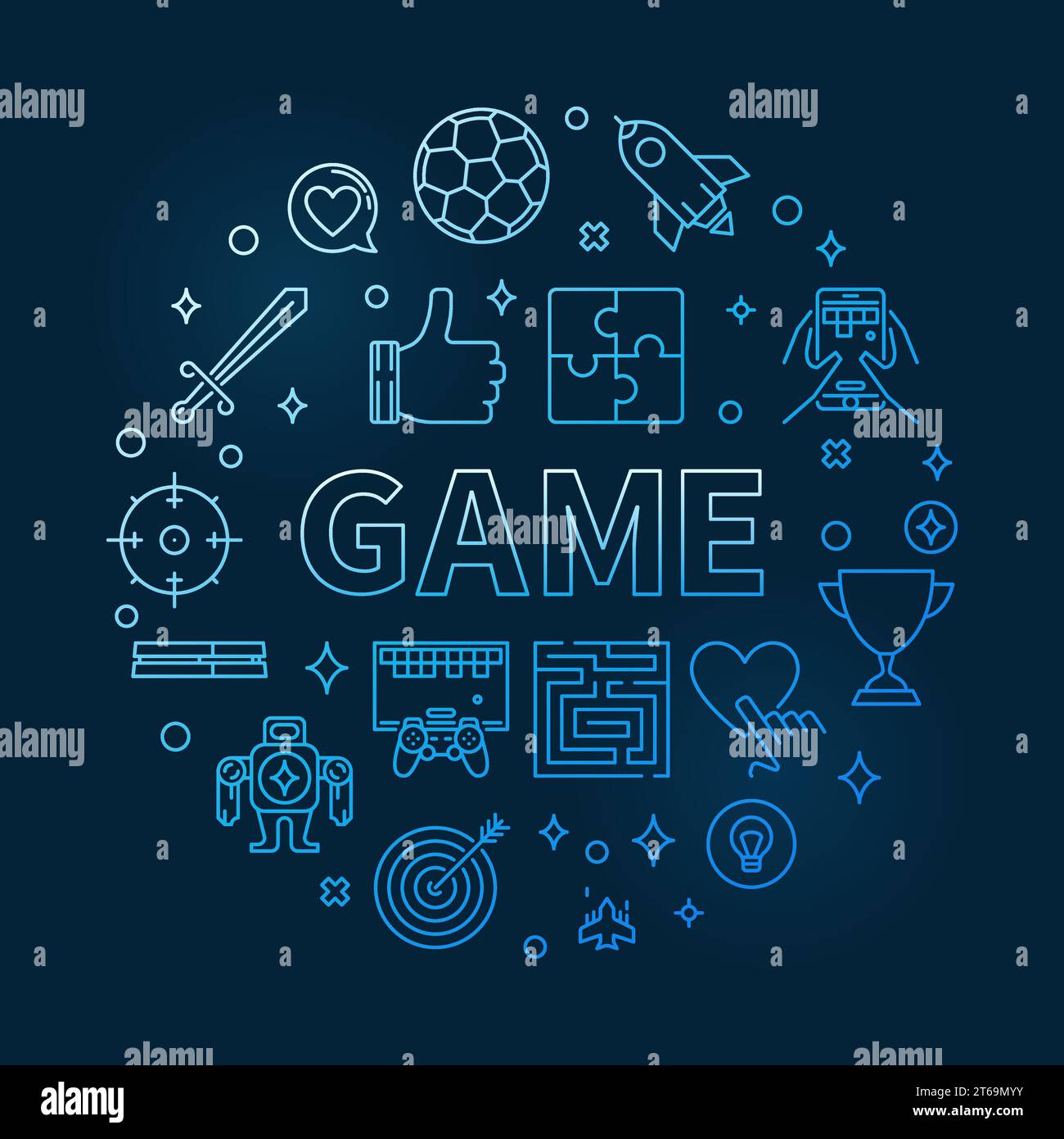 Game vector round blue concept outline illustration on dark background Stock Vector