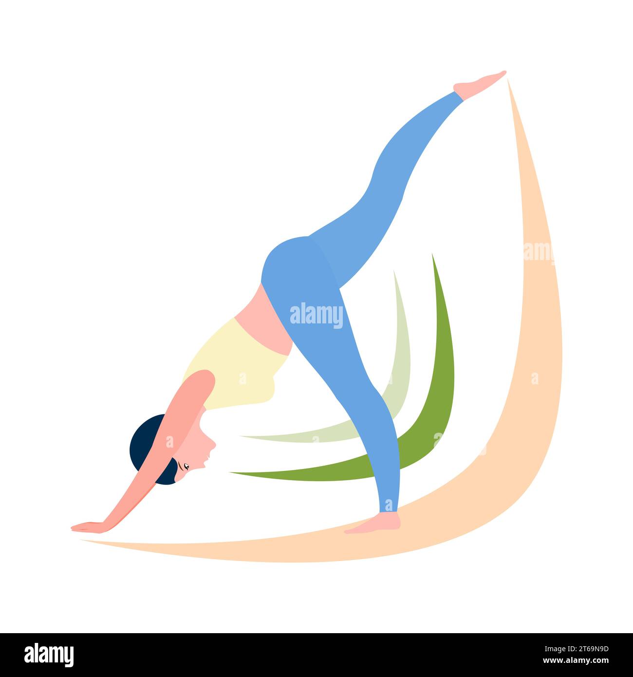 Girl in yoga pose dog face down with outstretched leg. Flat vector