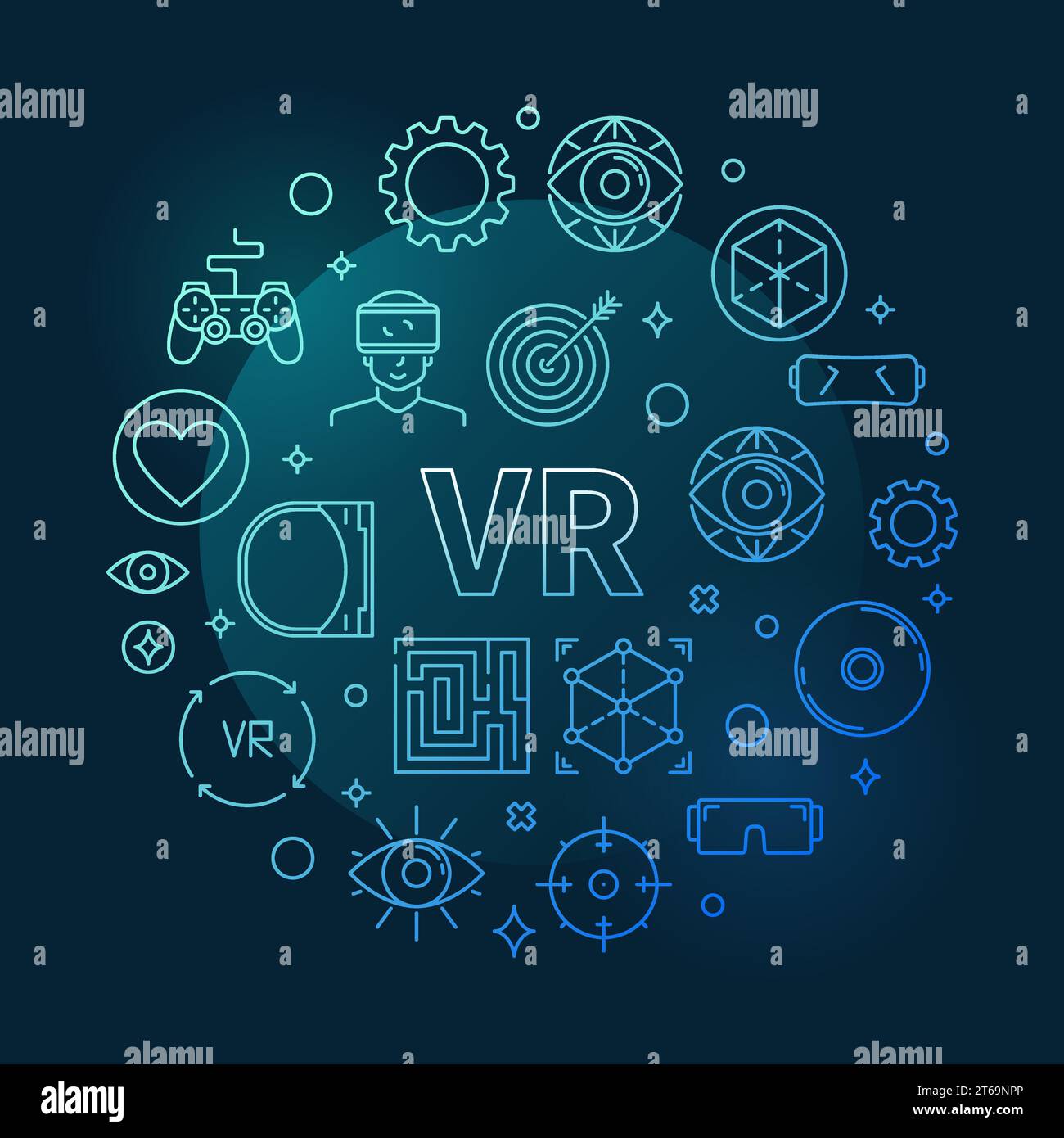 Vector VR concept round blue outline illustration on dark background Stock Vector