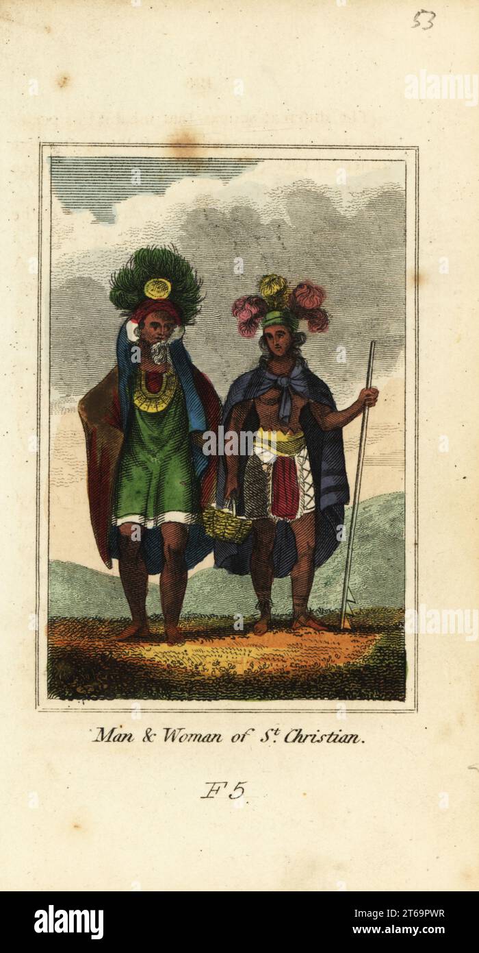 Man and woman of Nuku Hiva (St. Christian), Marquesas Islands, Polynesia, 1818. Chief and woman in elaborate feather headdress, cloak and robes with basket and stick. Handcoloured copperplate engraving from Mary Anne Vennings A Geographical Present being Descriptions of the Principal Countries of the World, Darton, Harvey and Darton, London, 1818. Venning wrote educational books on geography, conchology and mineralogy in the early 19th century. Stock Photo