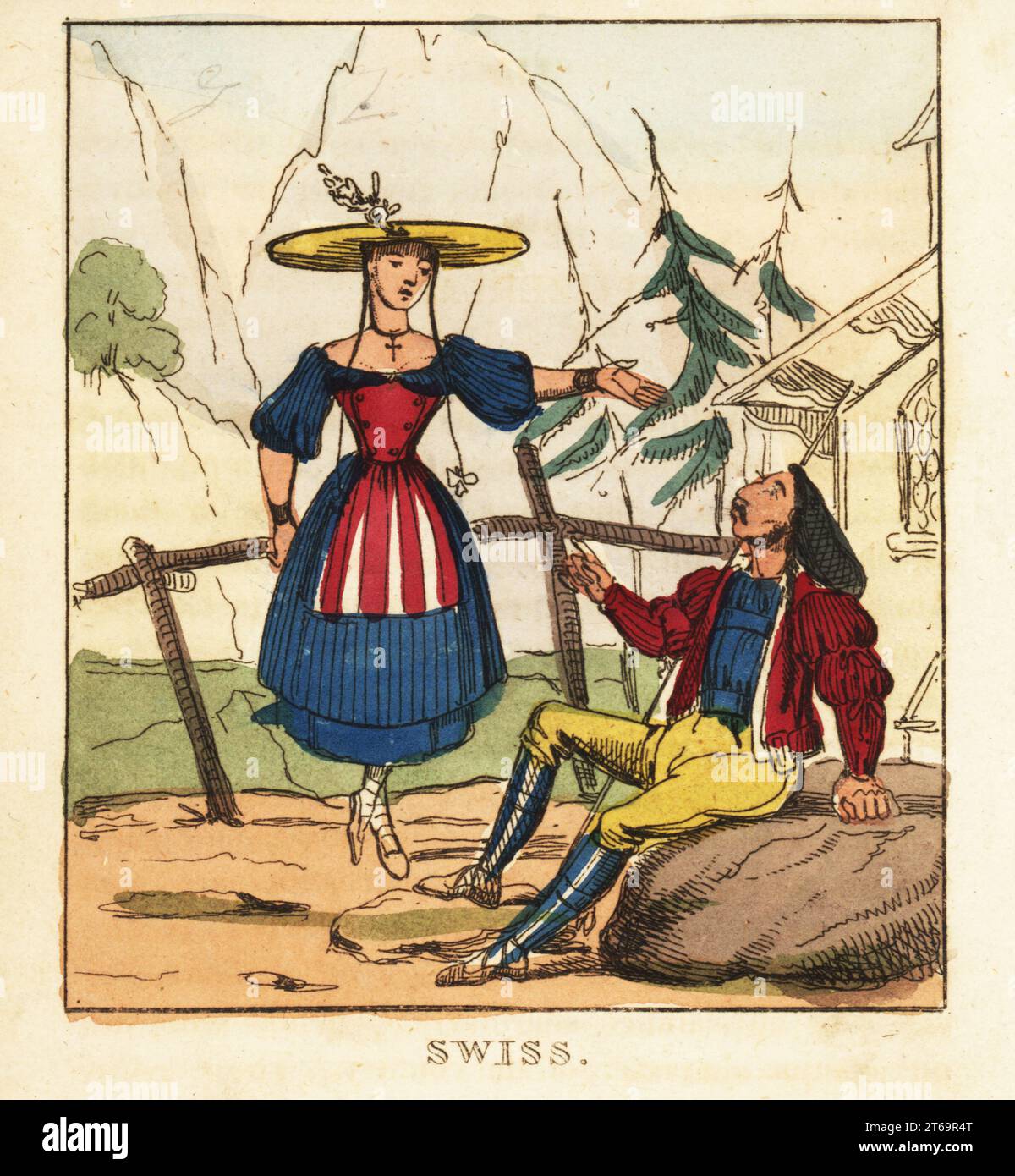 Costumes of the Swiss people, 19th century. Woman in wide-brim hat, pigtails, blouse, bodice, skirts and apron. Man in hat, quilted jacket, breeches and boots. Switzerland. Handcoloured copperplate engraving from The World in Miniature, or Panorama of the Costumes, Manners & Customs of All Nations, John Bysh, London, 1825. Stock Photo