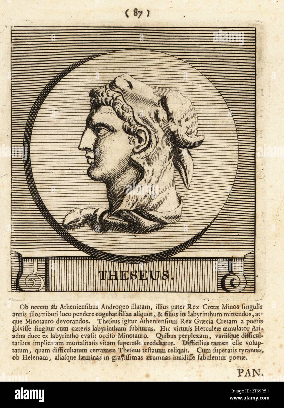 Theseus, mythical king and founder-hero of Athens. Son of Aegeus, King of Athens (or of the god Poseidon) and mother Aethra.. He is wearing a bull's head and horns as a hood. Copperplate engraving by Pieter Bodart (1676-1712) from Henricus Spoors Deorum et Heroum, Virorum et Mulierum Illustrium Imagines Antiquae Illustatae, Gods and Heroes, Men and Women, Illustrated with Antique Images, Petrum, Amsterdam, 1715. First published as Favissæ utriusque antiquitatis tam Romanæ quam Græcæ in 1707. Henricus Spoor was a Dutch physician, classical scholar, poet and writer, fl. 1694-1716. Stock Photo