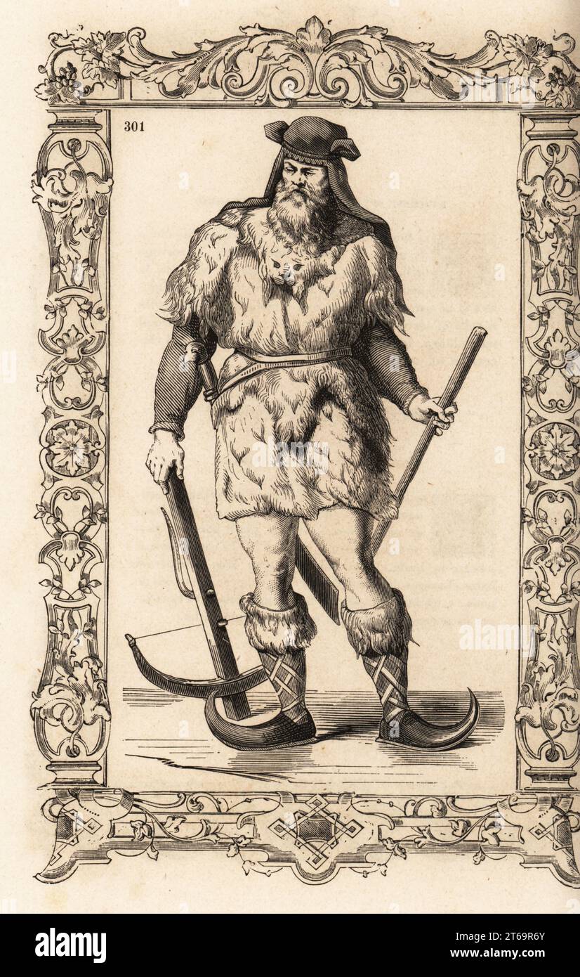 Costume of a man of Bjarmaland (now Arkhangelsk Oblast, Russia). His clothes are made of ermine skins, and he carries a sabre, crossbow and lance. His long, pointed curved shoes allow him to run at speed on ice and snow. Homme de Biarmie. Within a decorative frame engraved by H. Catenacci and Fellmann. Woodblock engraving by Gerard Seguin and E.F. Huyot after a woodcut by Christoph Krieger from Cesare Vecellios 16th century Costumes anciens et modernes, Habiti antichi et moderni di tutto il mondo, Firman Didot Ferris Fils, Paris, 1859-1860. Stock Photo