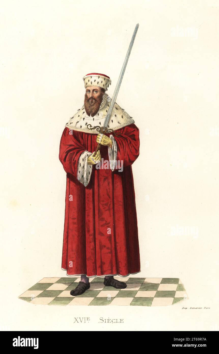 Maurice the Brave, Duke and later Elector of Saxony, 1521-1553. In red satin robe and toque, both lined with ermine, sword with double-headed eagle of Austria. Maurice le Brave, Electeur de Saxe. From a woodcut attributed to Lucas de Cranach. Handcolored lithograph after an illustration by Edmond Lechevallier-Chevignard from Georges Duplessis's Costumes historiques des XVIe, XVIIe et XVIIIe siecles (Historical costumes of the 16th, 17th and 18th centuries), Paris, 1867. Edmond Lechevallier-Chevignard was an artist, book illustrator, and interior designer. Stock Photo