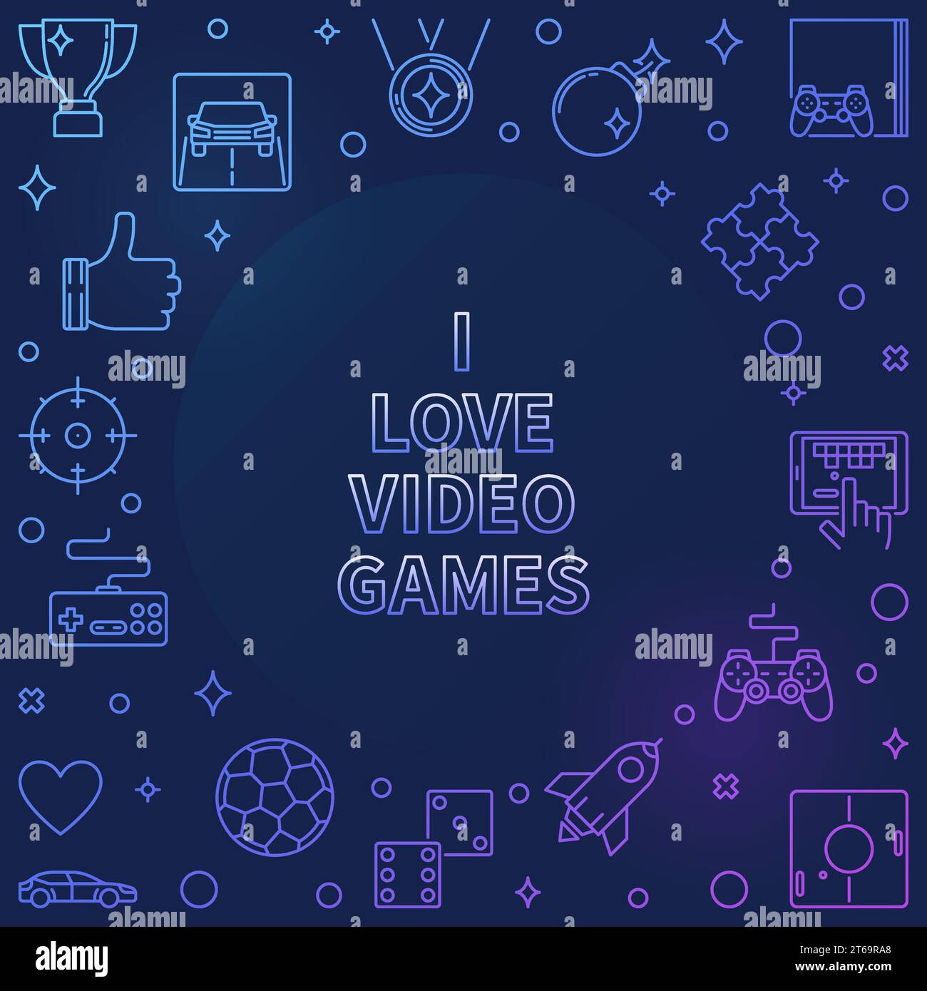 I Love Video Games linear colored frame - vector Game concept outline illustration on dark background Stock Vector