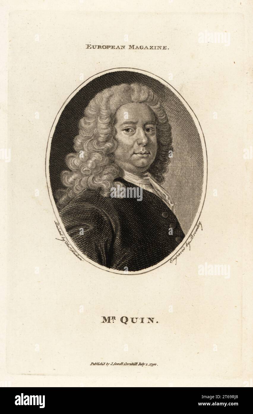 Mr. James Quin (1693-1766), English actor. Famous for killing the actor William Bowen and another younger actor in duels and swordfights. In wig, cravat and coat. Oval portrait copperplate engraving by Bromley after a painting by Thomas Hudson, published in the European Magazine, J. Sewell, Cornhill, London, 1792. Stock Photo