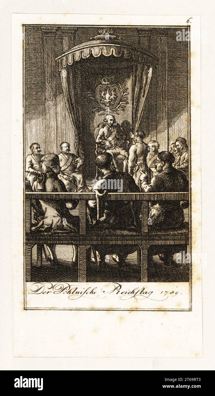 Stanislaus II Augustus, King of Poland, attending the Permanent Council, 1789. Copperplate engraving drawn and etched by Daniel Nikolaus Chodowiecki from 12 Blätter Darstellungen aus der neuen Geschichte, 12 Pictures Illustrating Modern History, Germany, 1789. Stock Photo