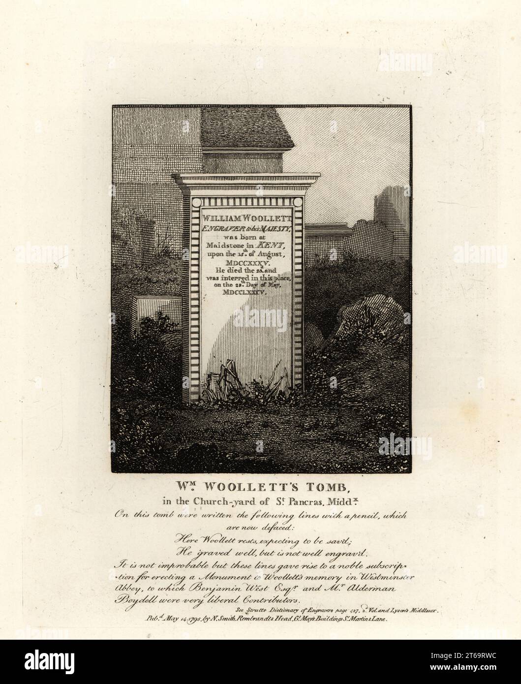 Tomb of royal engraver William Woollett, died 1735, in the churchyard of St. Pancras, Middlesex. Copperplate engraving by John Thomas Smith after original drawings by members of the Society of Antiquaries from his J.T. Smiths Antiquities of London and its Environs, J. Sewell, R. Folder, J. Simco, London, 1795. Stock Photo