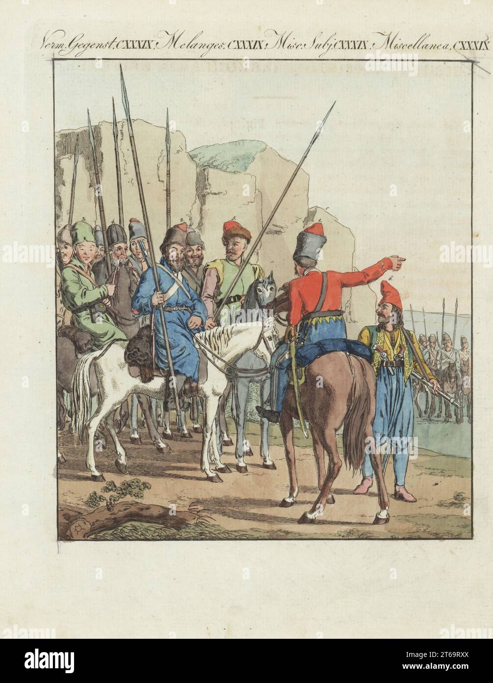 Russian irregular light horse. Officer 1 and cavalryman of the Don Cossacks, Kalmyk 3, Ural Cossack 4, Black Sea Cossack lancers 5, and Albanian infantryman with musket and pistols 6. Handcoloured copperplate engraving from Carl Bertuch's Bilderbuch fur Kinder (Picture Book for Children), Weimar, 1810. A 12-volume encyclopedia for children illustrated with almost 1,200 engraved plates on natural history, science, costume, mythology, etc., published from 1790-1830. Stock Photo