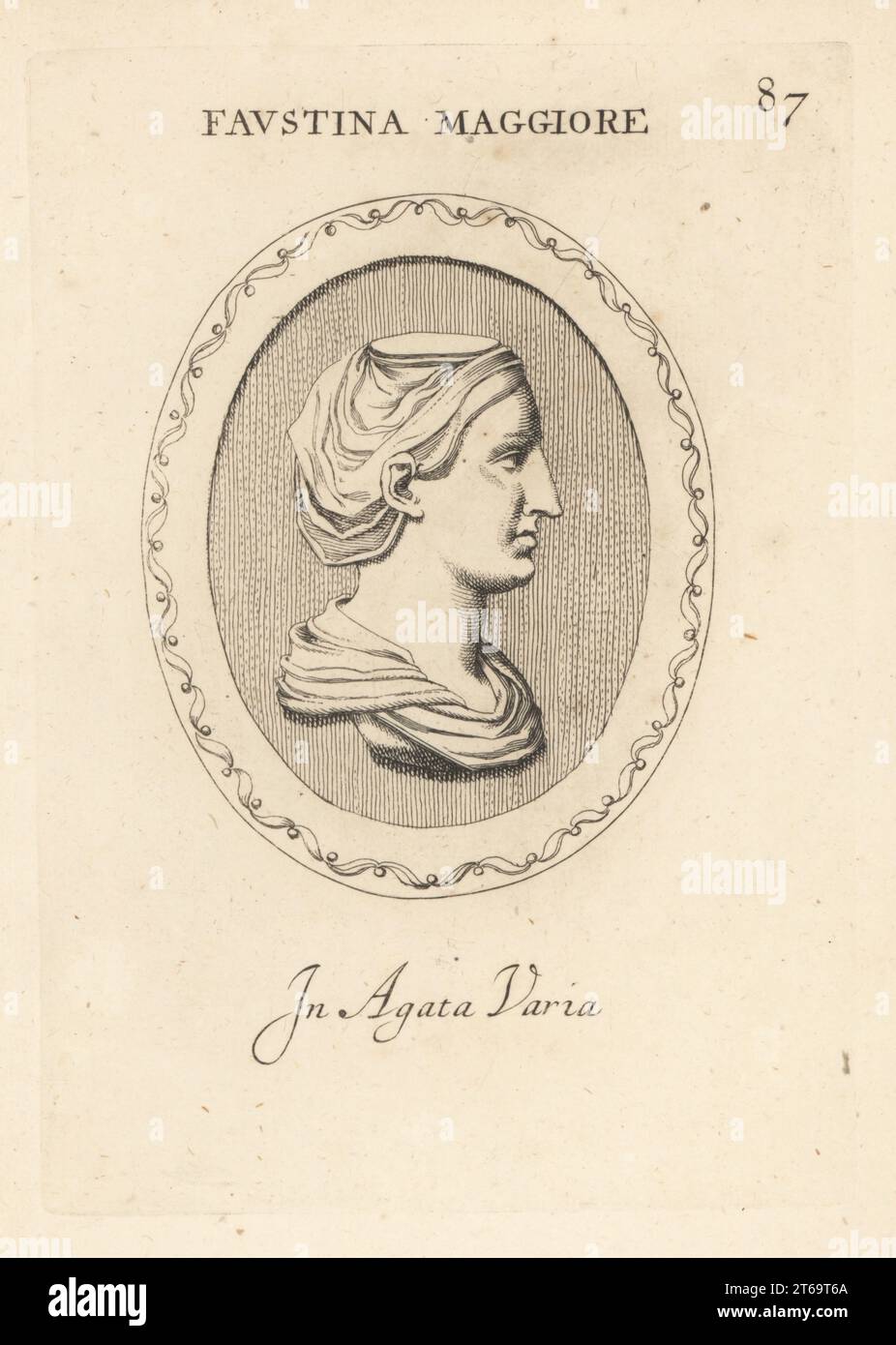 Bust of Annia Galeria Faustina the Elder, Faustina I or Faustina Major, 100 - 140 AD, Roman empress and wife of the Roman emperor Antoninus Pius. In variegated agate. Faustina Maggiore. In agata varia. Copperplate engraving by Giovanni Battista Galestruzzi after Leonardo Agostini from Gemmae et Sculpturae Antiquae Depicti ab Leonardo Augustino Senesi, Abraham Blooteling, Amsterdam, 1685. Stock Photo