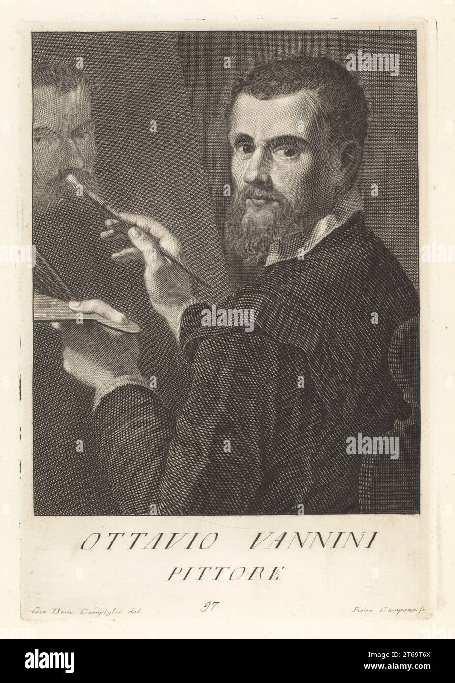 Ottavio Vannini, Italian artist of the Baroque period, 1585-1643. Studied under Giovanni Battista Mercati and Passignano, worked mainly in Florence. Depicted with palette and paint brush before a painting on an easel. Pittore. Copperplate engraving by Pietro Campana after Giovanni Domenico Ferretti after a self portrait by the artist from Francesco Moucke's Museo Florentino (Museum Florentinum), Serie di Ritratti de Pittori (Series of Portraits of Painters) stamperia Mouckiana, Florence, 1752-62. Stock Photo