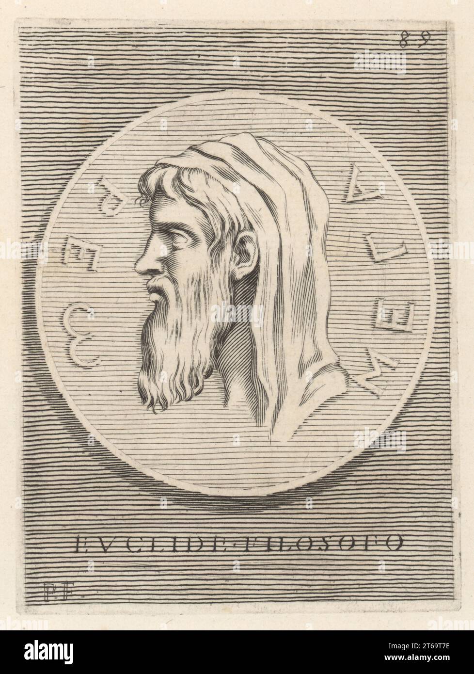 Euclid of Megara, Greek socratic philosopher and founder of the Megarian school, c.435-365 BC. Depicted with beard and hood from a bronze medal in the collection of Cardinal Camillo Massimo. Euclide Filosofo Megarese. Copperplate engraving by Etienne Picart after Giovanni Angelo Canini from Iconografia, cioe disegni d'imagini de famosissimi monarchi, regi, filososi, poeti ed oratori dell' Antichita, Drawings of images of famous monarchs, kings, philosophers, poets and orators of Antiquity, Ignatio deLazari, Rome, 1699. Stock Photo