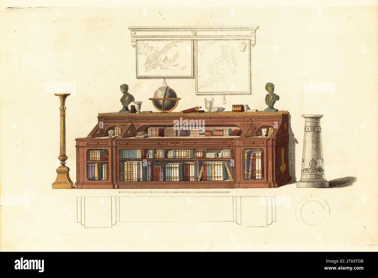 Metamorphic dwarf library bookcase, 1811. In mahogany with brass fret work on the top shelf for small books, deeper shelves below for larger folio books, with slide-out writing desks. Decorated with globe, vase, telescope, busts of Milton and Newton, pedestal and candelabrum. Handcoloured copperplate engraving from The Upholsterer's and Cabinet-Maker's Repository consisting of seventy-six designs of modern and fashionable furniture, Rudolph Ackermann, London, 1830. Stock Photo