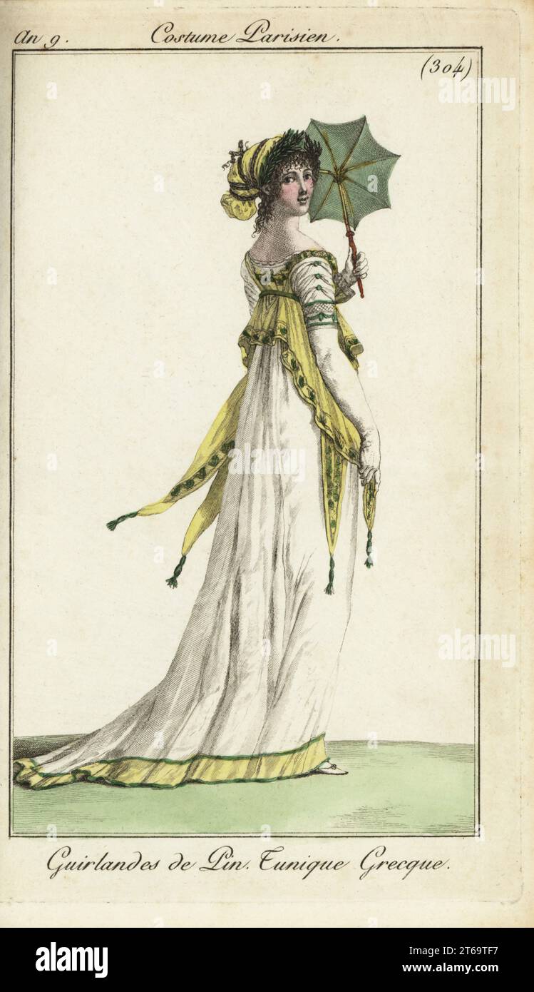 Fashionable woman with parasol, 1801. She wears a Greek-style hairdress decorated with wreath of pine, Greek tunic dress with an apron with tassles. Guirlandes de Pin. Tunique Grecque. Handcoloured copperplate engraving from Pierre de la Mesangeres Journal des Modes et Dames, Paris, 1801. The illustrations in volume 4 were by Carle Vernet, Bosio, Dutailly and Philibert Louis Debucourt. Stock Photo