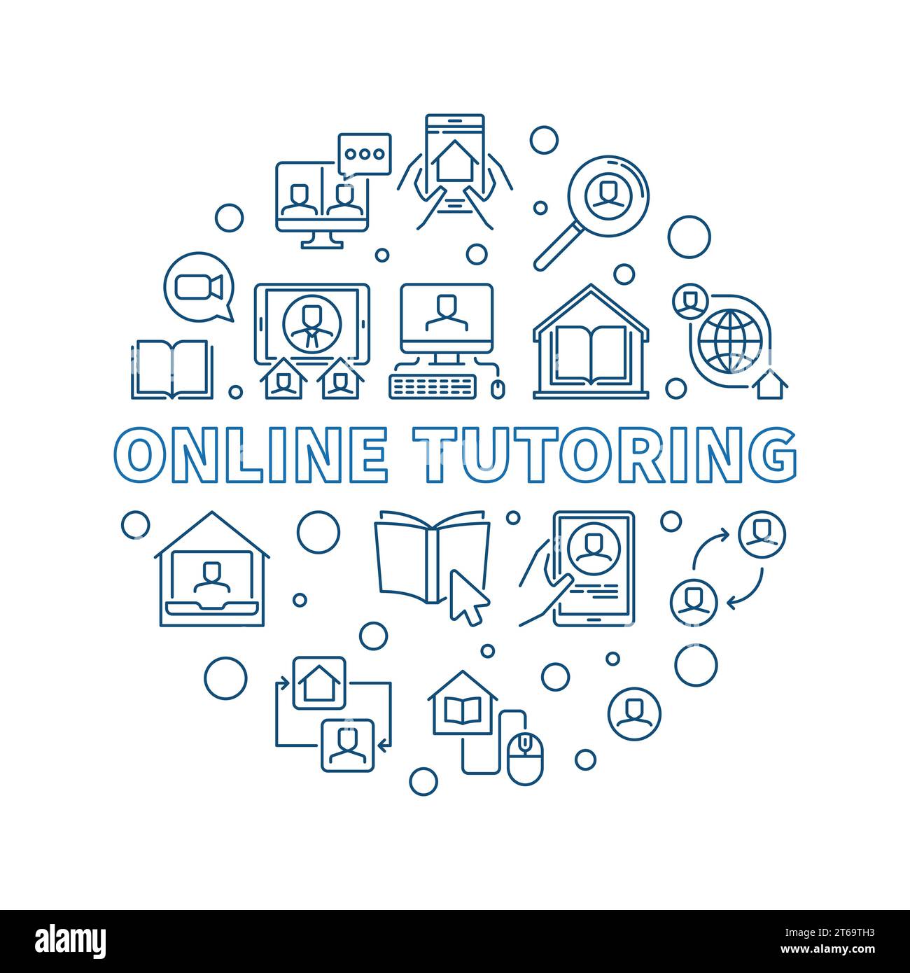 Online Turoring vector thin line concept round blue illustration on ...