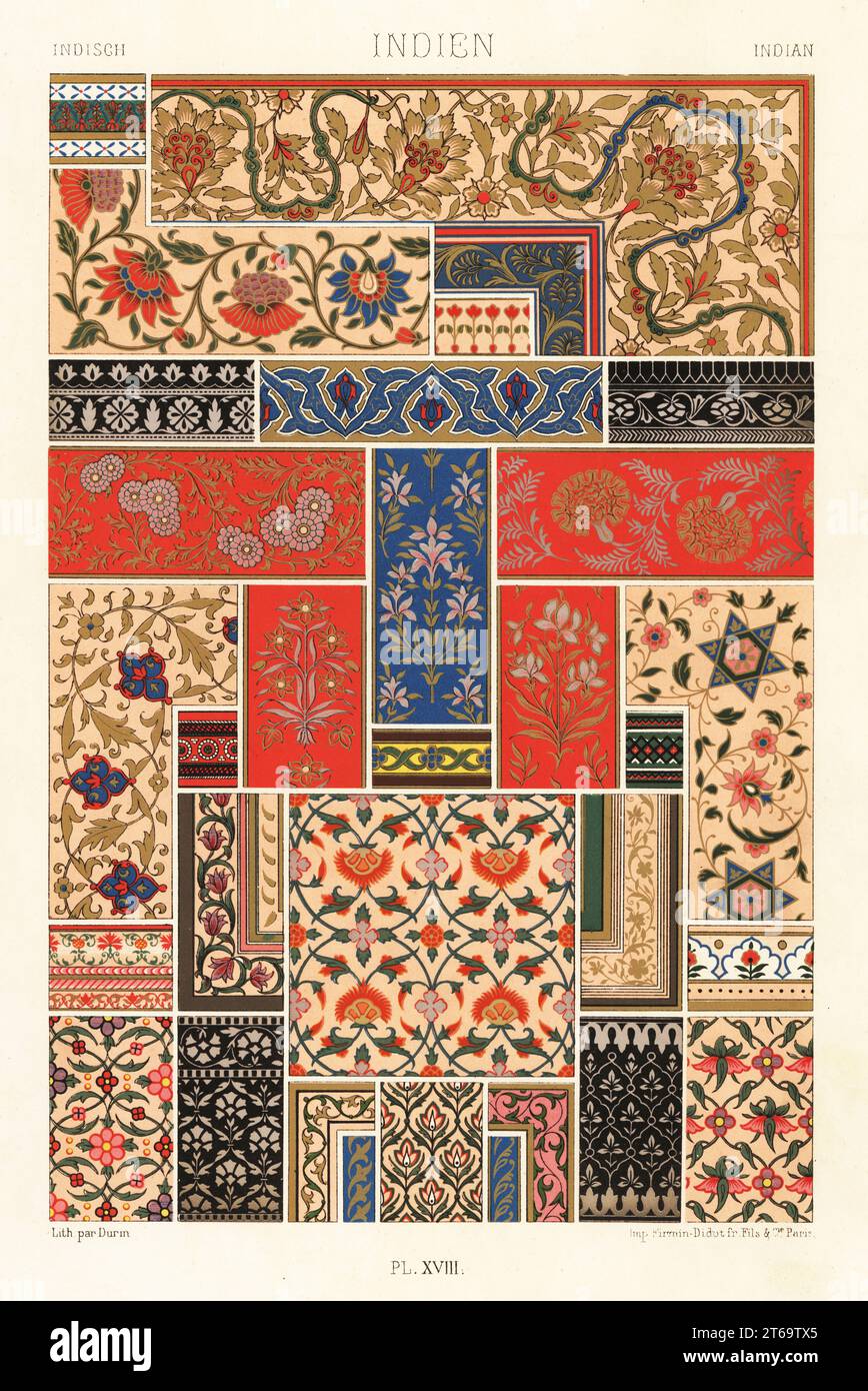 Indian art: flora and running ornaments Embroidered fabric 1, borders and grounds from manuscripts 2-23, cloisonnes 24,25, embroidery 26,27 and engravings in niello 28-31. Indien. Hand-finished chromolithograph by F. Durin from Albert-Charles-Auguste Racinets LOrnement Polychrome, (Polychromatic Ornament), Firmin-Didot, Paris, 1869-73. Stock Photo