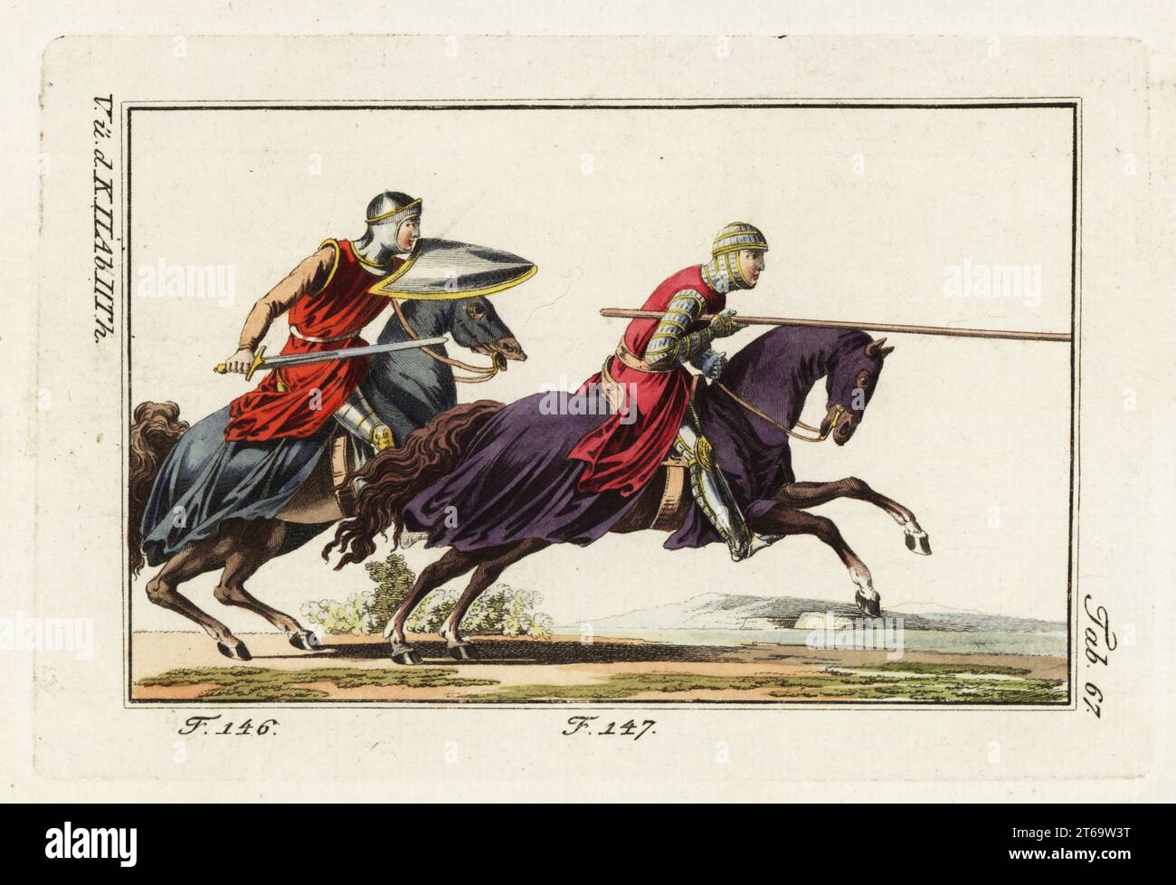 Norman cavalry charging, 12th century. One knight lightly armed with helmet and greaves (leg armour), sword and shield 146, one heavily armed with chainmail suit of armor, plate greaves and lance 147. Both wearing military surtouts on horses in caparisons. Handcolored copperplate engraving from Robert von Spalart's Historical Picture of the Costumes of the Principal People of Antiquity and Middle Ages, Vienna, 1802. Stock Photo