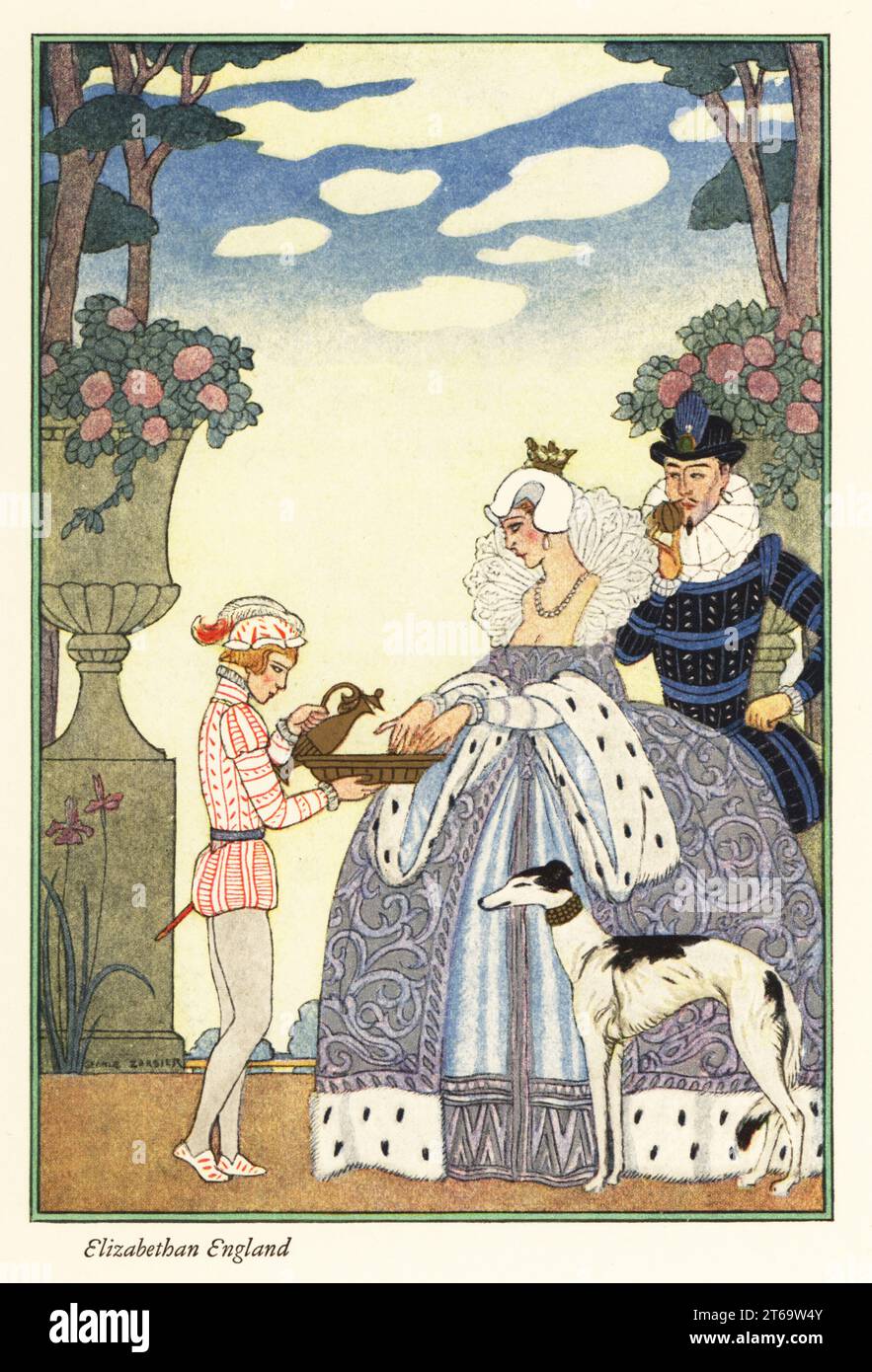 Queen Elizabeth of England washes her hands in a bowl held by her page boy in a garden. A courtier in a ruff collar sniffs a clove orange beside her. Smithsonian-process colour print after Art Deco master George Barbier from Richard le Galliennes Romance of Perfume, Hudnut, New York, 1928. Stock Photo