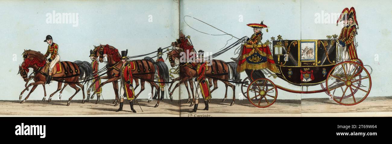sixth carriage of the royal household in queen victorias coronation parade two maids of honor hon miss lister and hon miss paget keeper of the privy purse sir henry wheatley and the vice chamberlain earl of belfast attended by liveried grooms and valets drawn by six bay horses handcoloured aquatint engraving from fores correct representation of the state procession on the occasion of the august ceremony of her majestys coronation june 28th 1838 published by fores sporting and fine print repository piccadilly london 1838 2T69W64