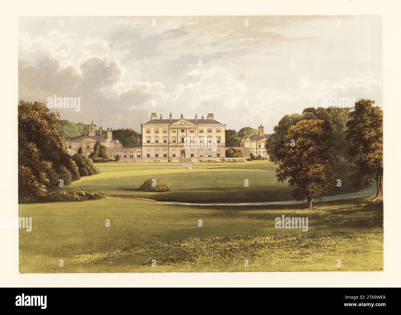 Howick Hall, Northumberland, England. Neo-classical mansion built in the late 18th century for Charles Grey, 2nd Earl Grey, Prime Minister and slavery abolitionist. Colour woodblock by Benjamin Fawcett in the Baxter process of an illustration by Alexander Francis Lydon from Reverend Francis Orpen Morriss Picturesque Views of the Seats of Noblemen and Gentlemen of Great Britain and Ireland, William Mackenzie, London, 1880. Stock Photo