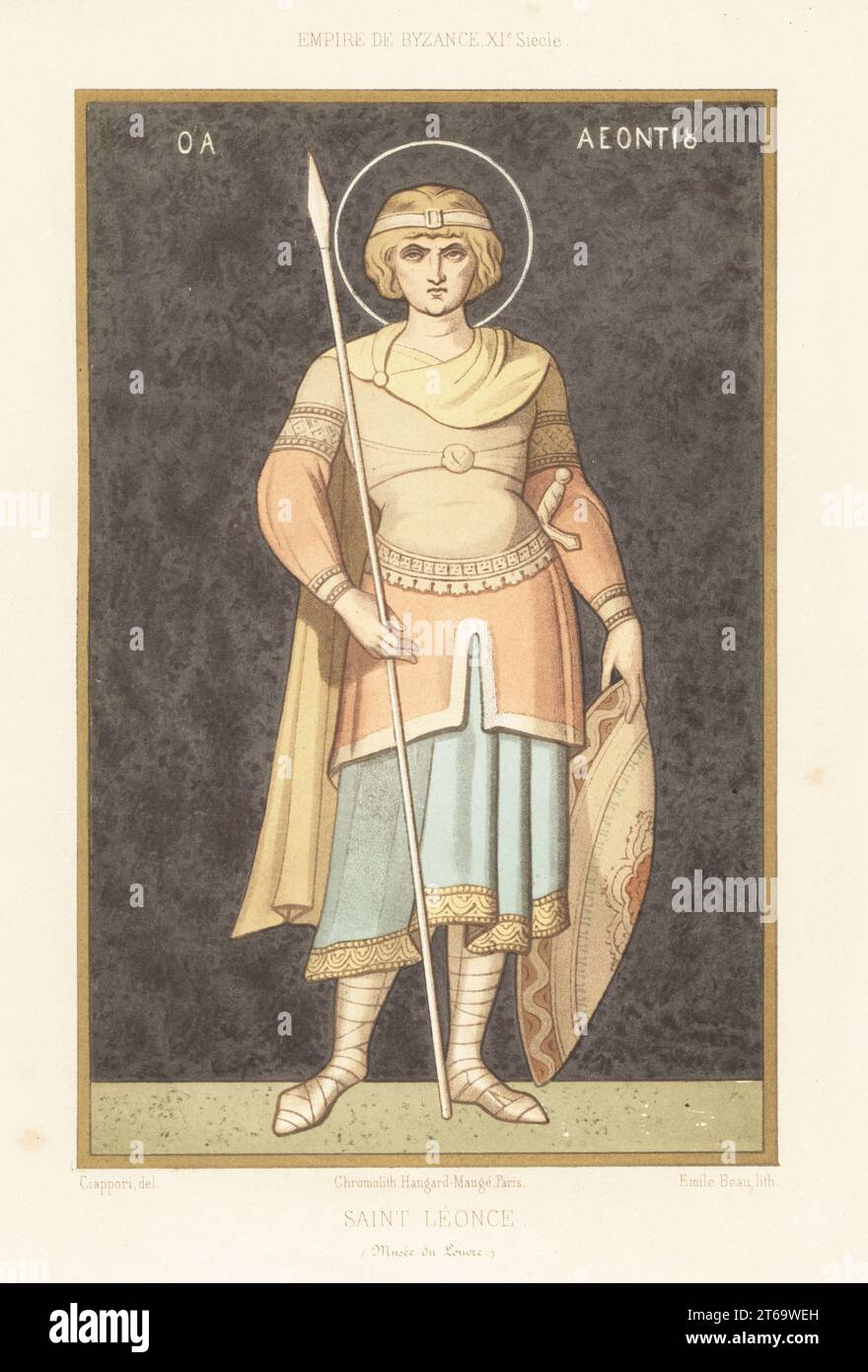 Saint Leonce of Tripoli, Phoenician soldier and martyr, 4th century. In Byzantine military costume of the 11th century. From a painting by Dominique Papety made in the Agia Lavra Monastery, Mt. Athos, now in the Louvre. Saint Leonce, Empire de Byzance, XIe Siecle. Chromolithograph by Emile Beau after an illustration by Claudius Joseph Ciappori from Charles Louandres Les Arts Somptuaires, The Sumptuary Arts, Hangard-Mauge, Paris, 1858. Stock Photo