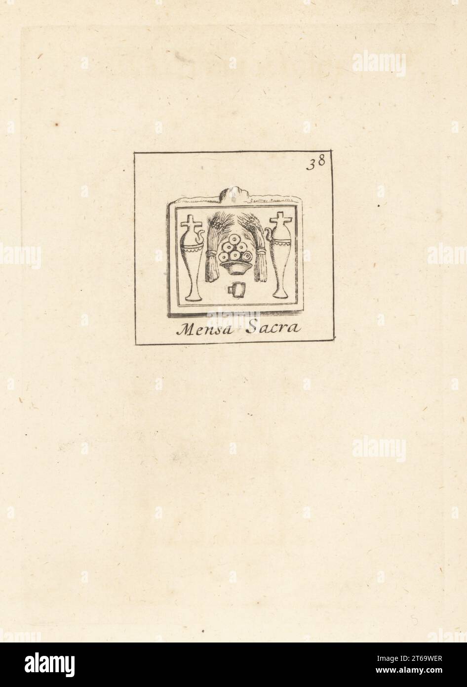 Sacred table used in ancient Egyptian religious ceremonies. With two sheafs of wheat, two hydria or water vases and cup. Mensa sacra egittia. Copperplate engraving by Giovanni Battista Galestruzzi after Leonardo Agostini from Gemmae et Sculpturae Antiquae Depicti ab Leonardo Augustino Senesi, Abraham Blooteling, Amsterdam, 1685. Stock Photo