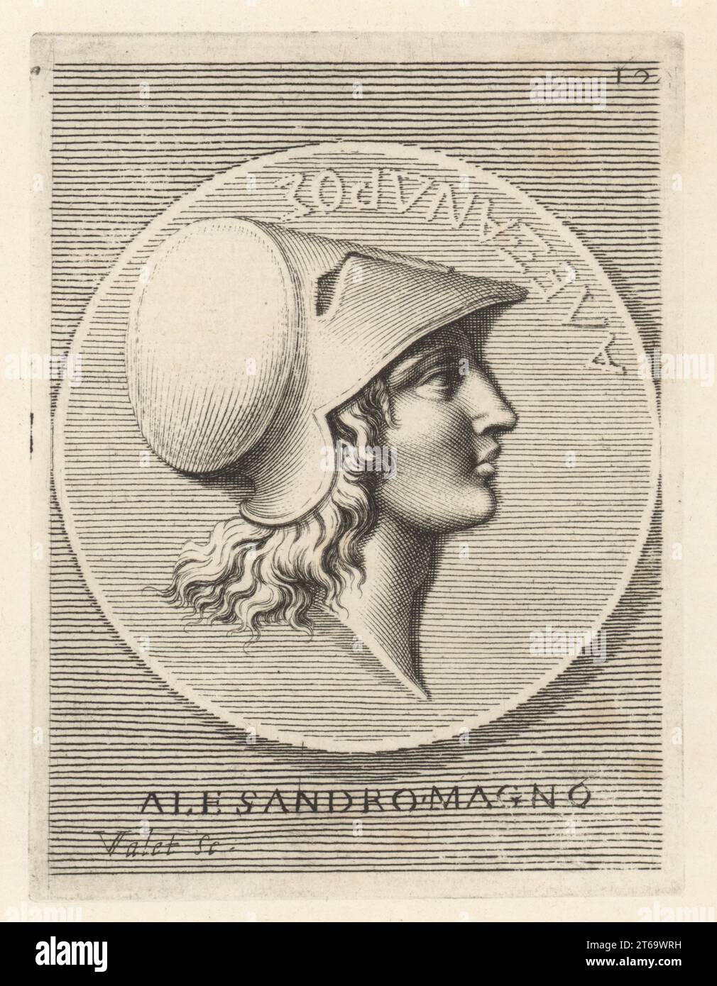 Profile portrait of Alexander the Great, Alexander III of Macedon, 356 323 BC, king of the ancient Greek kingdom of Macedon. Wearing a Corinthian helmet without crest or crown. From a silver coin in the collection of Gio. Pietro Bellori. Alessandro Magno. Copperplate engraving by Guillaume Vallet after Giovanni Angelo Canini from Iconografia, cioe disegni d'imagini de famosissimi monarchi, regi, filososi, poeti ed oratori dell' Antichita, Drawings of images of famous monarchs, kings, philosophers, poets and orators of Antiquity, Ignatio deLazari, Rome, 1699. Stock Photo