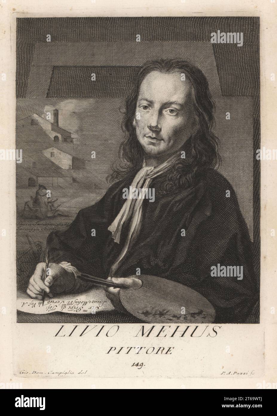 Lieven Mehus, Flemish painter, draughtsman and engraver 1630-1691. Baroque artist who trained in Milan, and worked in Florence. Holding quill pen, paint brush and palette before a canvas and easel. Livio Mehus, Pittore. Copperplate engraving by Pietro Antonio Pazzi after Giovanni Domenico Campiglia after a self portrait by the artist from Francesco Moucke's Museo Florentino (Museum Florentinum), Serie di Ritratti de Pittori (Series of Portraits of Painters) stamperia Mouckiana, Florence, 1752-62. Stock Photo