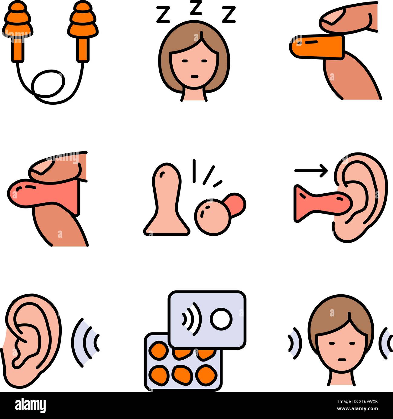 Earplugs color icons set. Care device. Ear protection. Vector signs