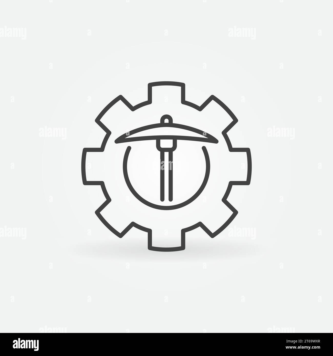 Cog Wheel with Pick Axe line icon. Data Mining vector concept linear symbol Stock Vector