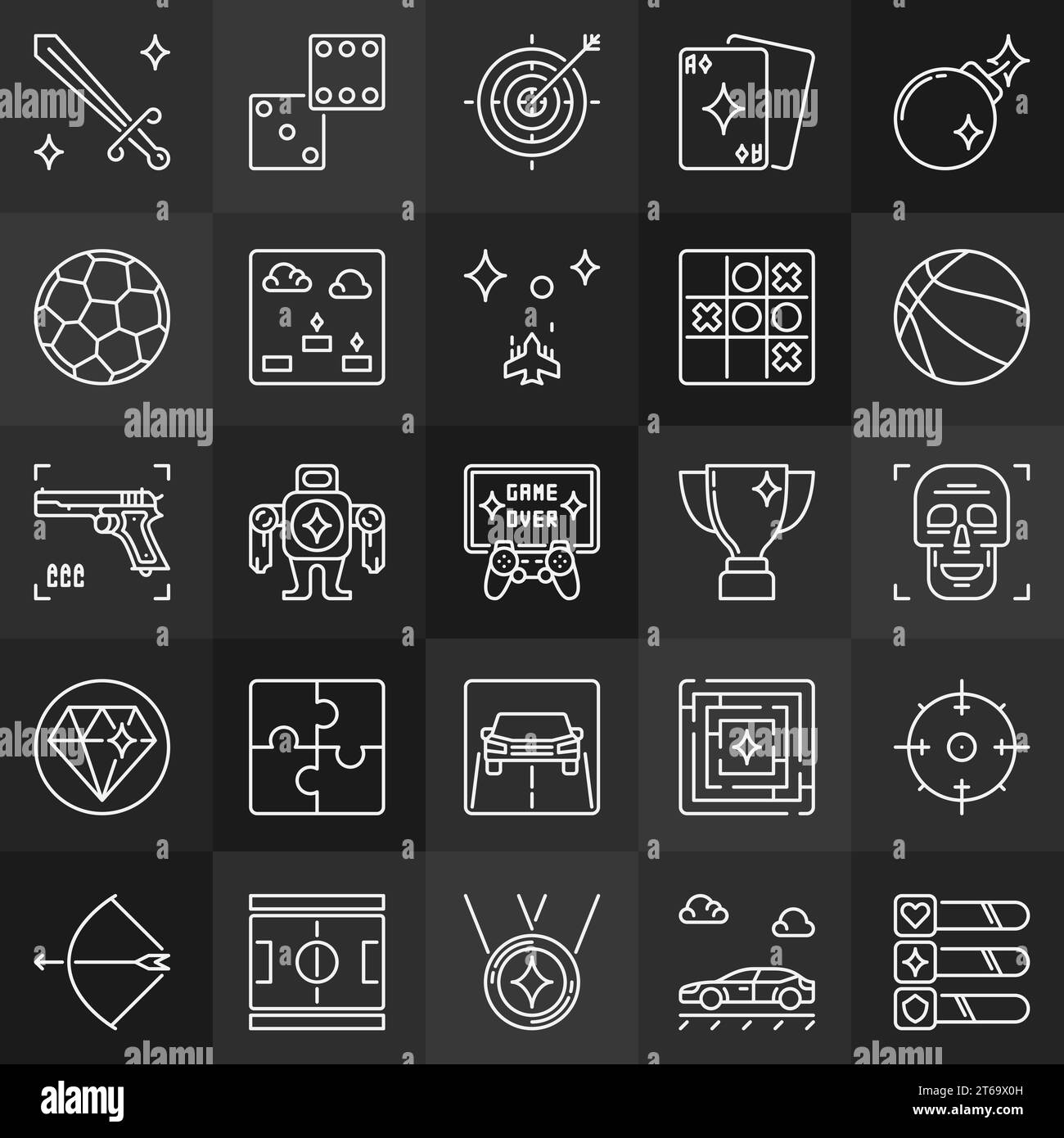 Game outline concept icons. Videos games and gaming linear signs on dark background Stock Vector
