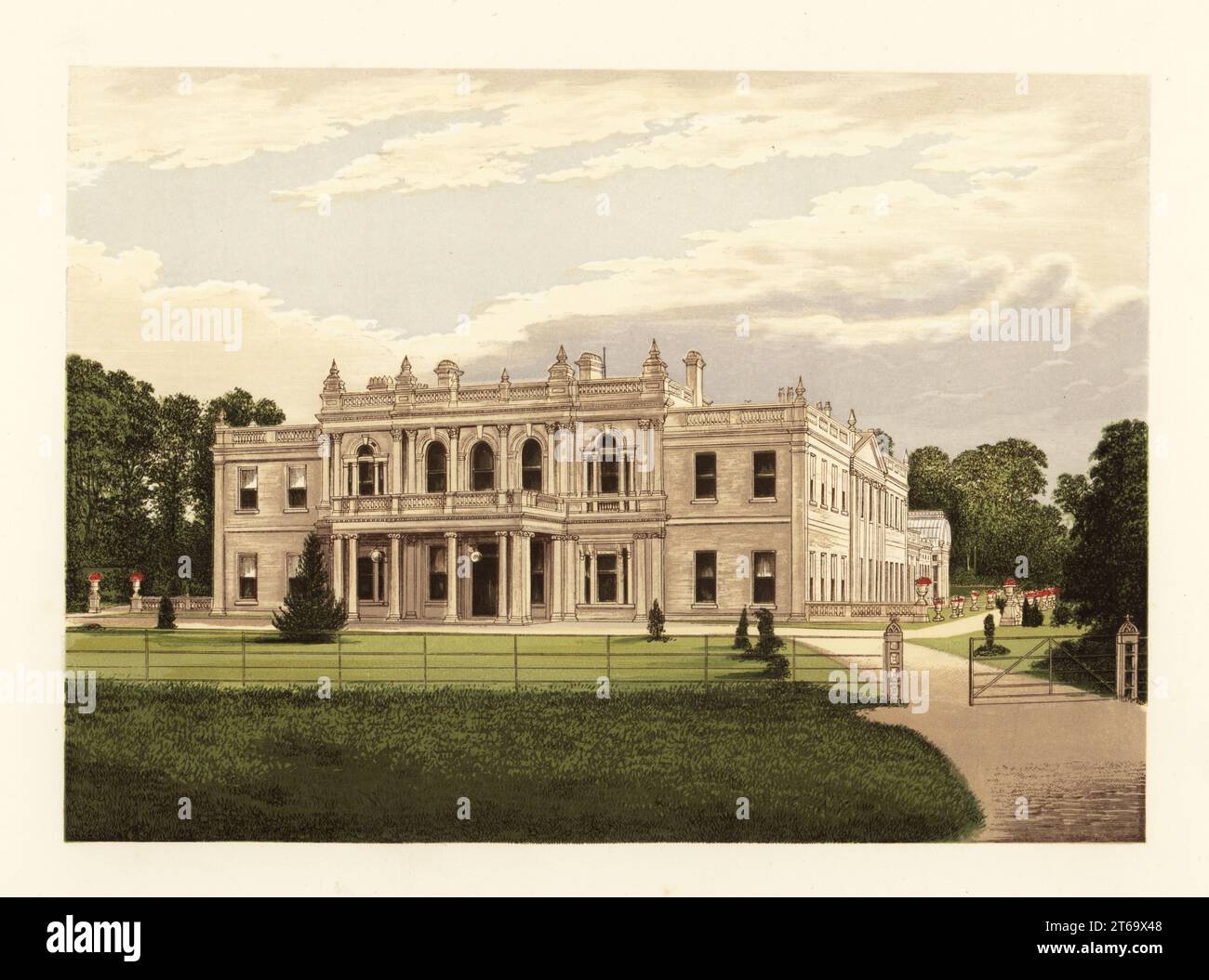 Rolleston Hall, Staffordshire, England. House occupied since the reign of Henry III, 13th century, destroyed by fire in 1871, and rebuilt soon after by Sir Tonman Mosley, 3rd Baronet, ancestor of the fascist Oswald Mosley. Colour woodblock by Benjamin Fawcett in the Baxter process of an illustration by Alexander Francis Lydon from Reverend Francis Orpen Morriss A Series of Picturesque Views of the Seats of Noblemen and Gentlemen of Great Britain and Ireland, William Mackenzie, London, 1880. Stock Photo