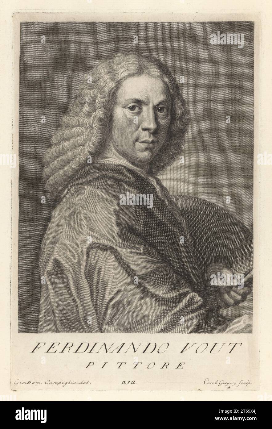 Jacob Ferdinand Voet or Jakob Ferdinand Voet, Flemish portrait painter, c.1639-1689. In powdered wig and mantle, holding palette and paintbrushes. Ferdinando Vout, Pittore. Copperplate engraving by Carlo Gregori after Giovanni Domenico Campiglia after a self portrait by the artist from Francesco Moucke's Museo Florentino (Museum Florentinum), Serie di Ritratti de Pittori (Series of Portraits of Painters) stamperia Mouckiana, Florence, 1752-62. Stock Photo