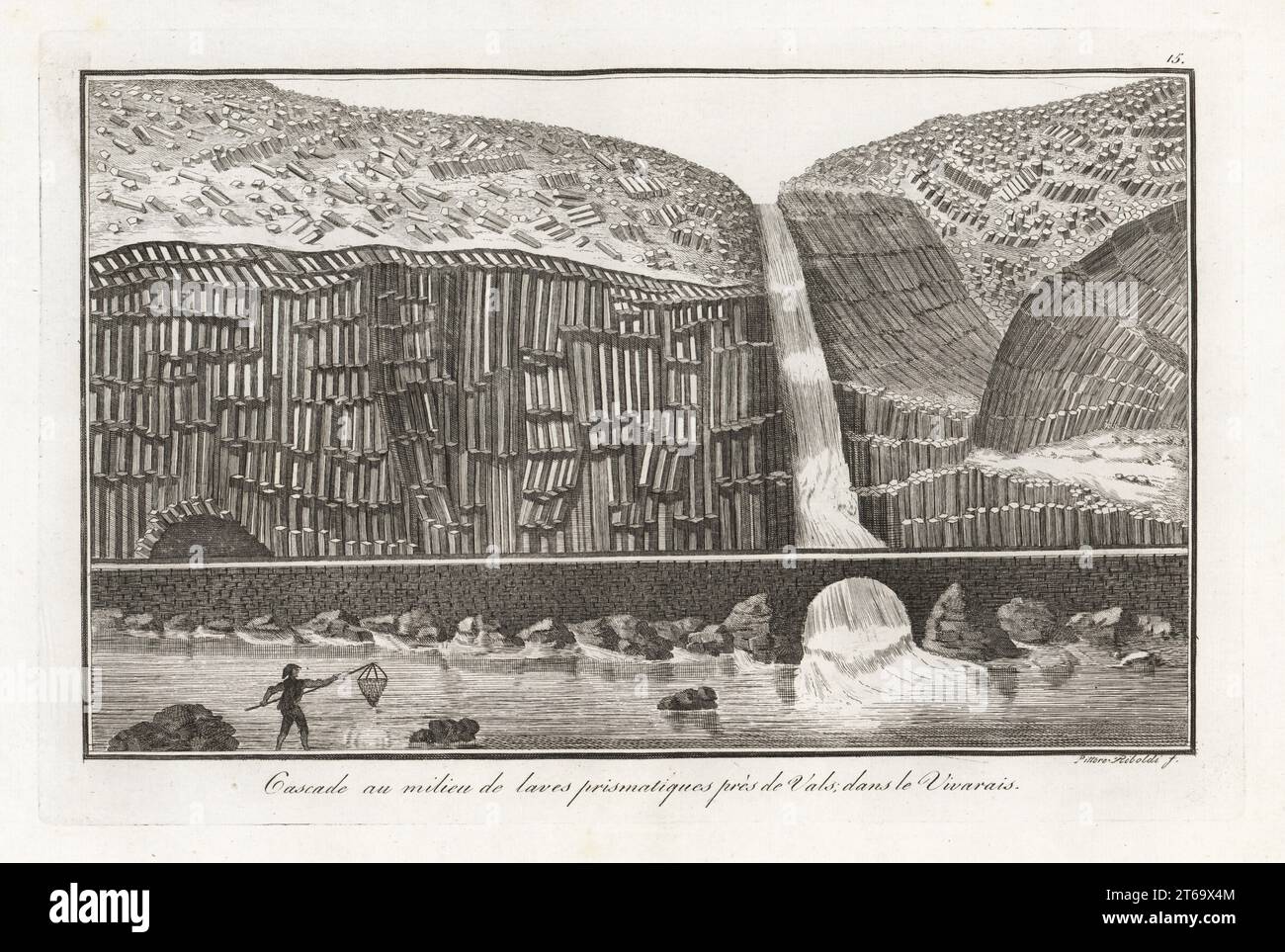 Waterfall in the middle of prismatic lava near Vals, Vivarais/Ardeche range, France. A fisherman uses a net in the river. Cascade au milieu de laves prismatiques pres de Vals dans le Vivarais. Copperplate engraving by Milanese painter Gaetano Riboldi from Scipion Breislaks Traite sur la Structure Exterieure du Globe, Treatise on the Exterior Structure of the Globe, Jean-Pierre Giegler, Milan, 1822. Stock Photo