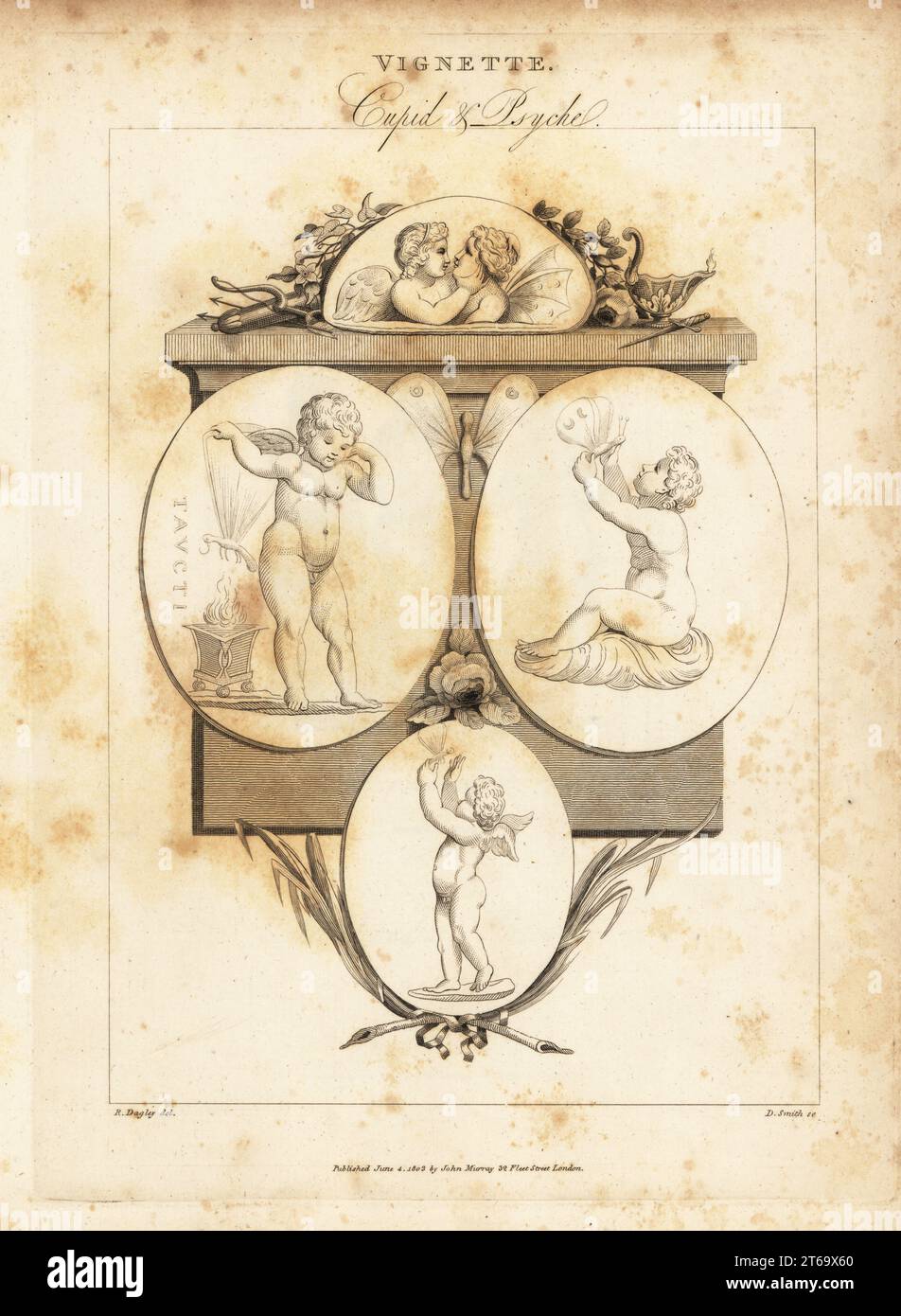 Gems illustrating Cupid and Psyche. Cameo in the Florentine Museum (top), Cupid burning a butterfly on cornelian in the possession of Mr. Crusius (left), Cupid seated on a shell with butterfly in the collection of Lord Algernon Percy (right), and Cupid with butterfly. Copperplate engraving by D. Smith after an illustration by Richard Dagley from Gems, Selected from the Antique, with Illustrations, John Murray, London, 1804. Stock Photo