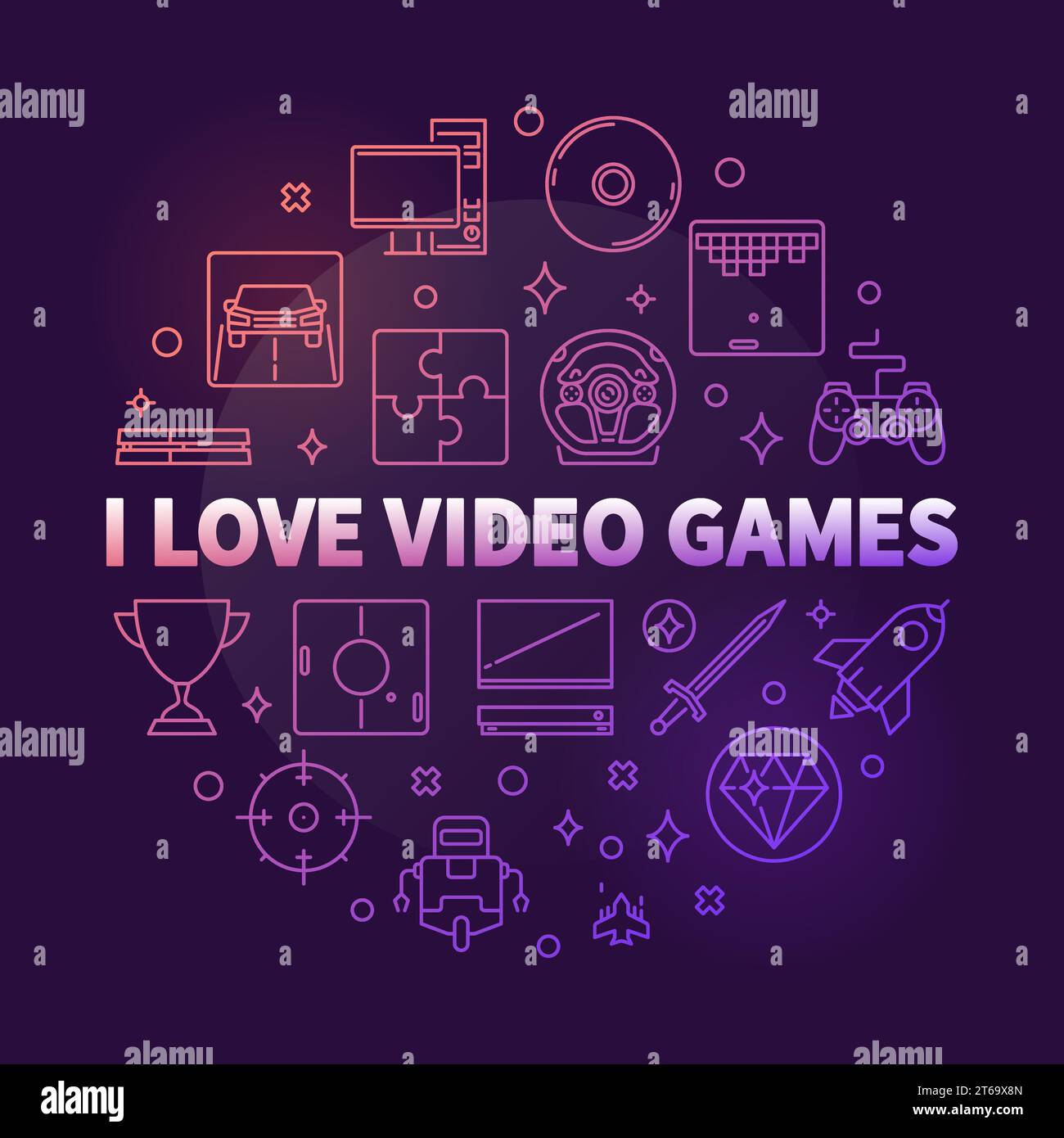 I Love Video Games vector round colorful outline illustration on dark background Stock Vector