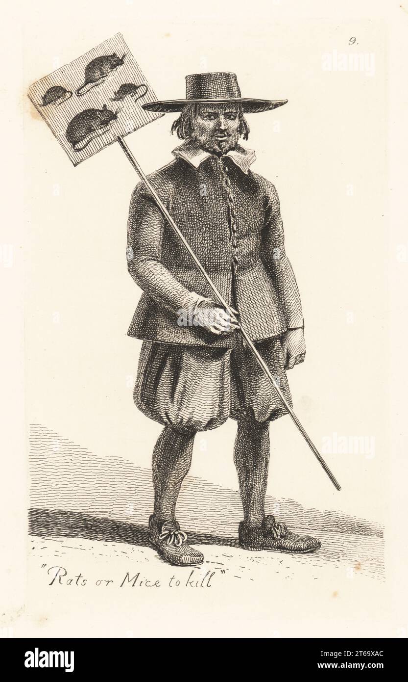 Costume of an Italian rat-catcher, 17th century. In wide-brim hat, doublet, breeches, hose and shoes. With a square cloth painted with rats and mice fastened to a pole. Rats or mice to kill. Copied from Simon Guillini's etching of Annibal Caracci's illustration in Cries of Bologna, 1646. Copperplate engraving drawn and engraved by John Thomas Smith from his own The Cries of London, or Vagabondiana 2, edited by Francis Douce, John Bowyer Nichols, London, 1839. Stock Photo