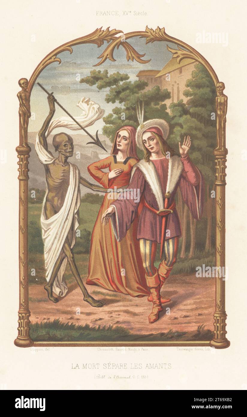 The Cadaver of Death separates the lovers with his bolt. The man in plumed cap, doublet, dagger, striped hose, boots. France 15th century. From a manuscript prayerbook MS Lf 285, Bibliotheque de l'Arsenal. La Mort separe les amants. France, XVe siecle. Chromolithograph by the Thurwanger brothers after an illustration by Claudius Joseph Ciappori from Charles Louandres Les Arts Somptuaires, The Sumptuary Arts, Hangard-Mauge, Paris, 1858. Stock Photo