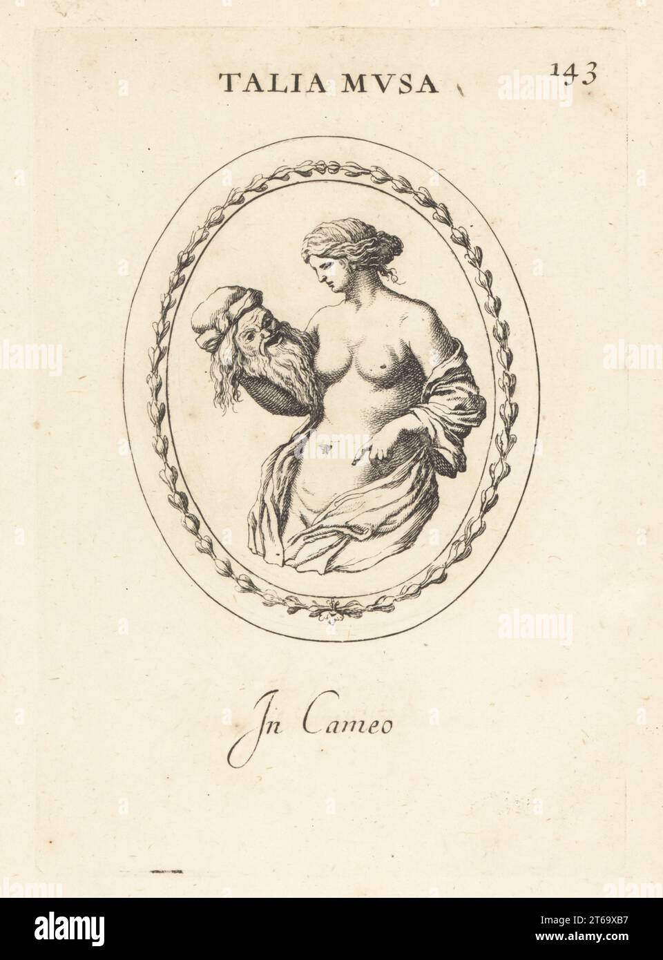 Figure of Thalia, the Greek muse of comedy and idyllic poetry, with a comic mask. Talia Musa. In cameo. Copperplate engraving by Giovanni Battista Galestruzzi after Leonardo Agostini from Gemmae et Sculpturae Antiquae Depicti ab Leonardo Augustino Senesi, Abraham Blooteling, Amsterdam, 1685. Stock Photo