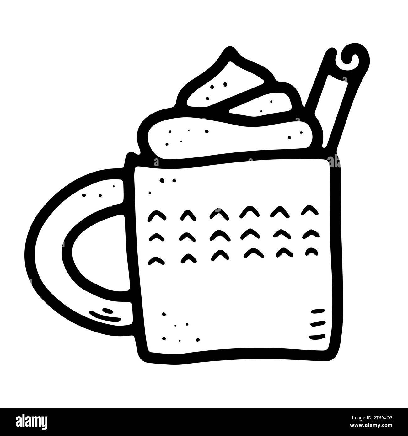 Doodle Cozy scandinavian food vector illustration. Outline cup with hot drink, foam, cream, cinnamon. Eggnog, coffee, cocoa, chocolate, milk on white Stock Vector