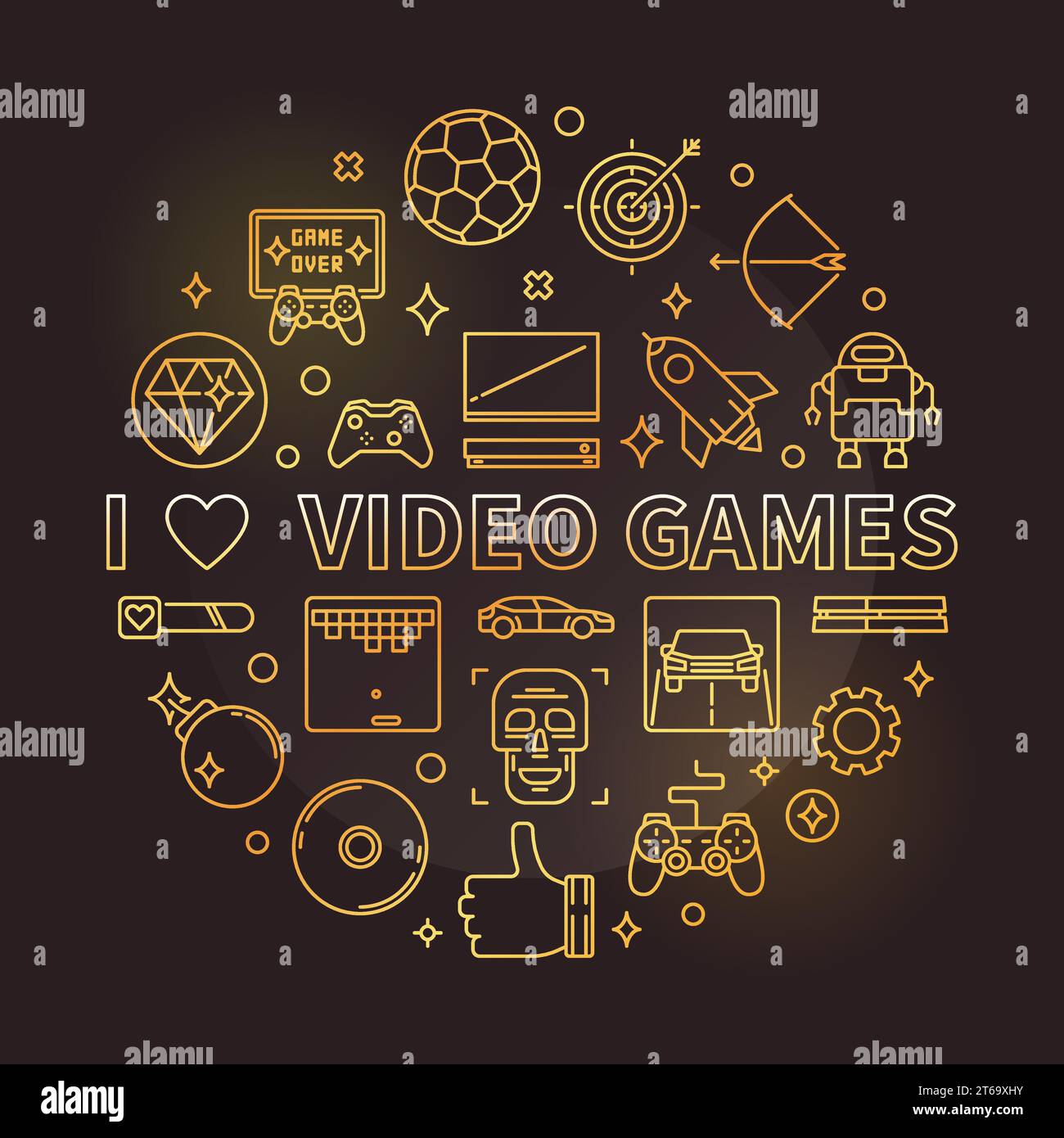 I Love Video Games vector golden concept round linear illustration on dark background Stock Vector