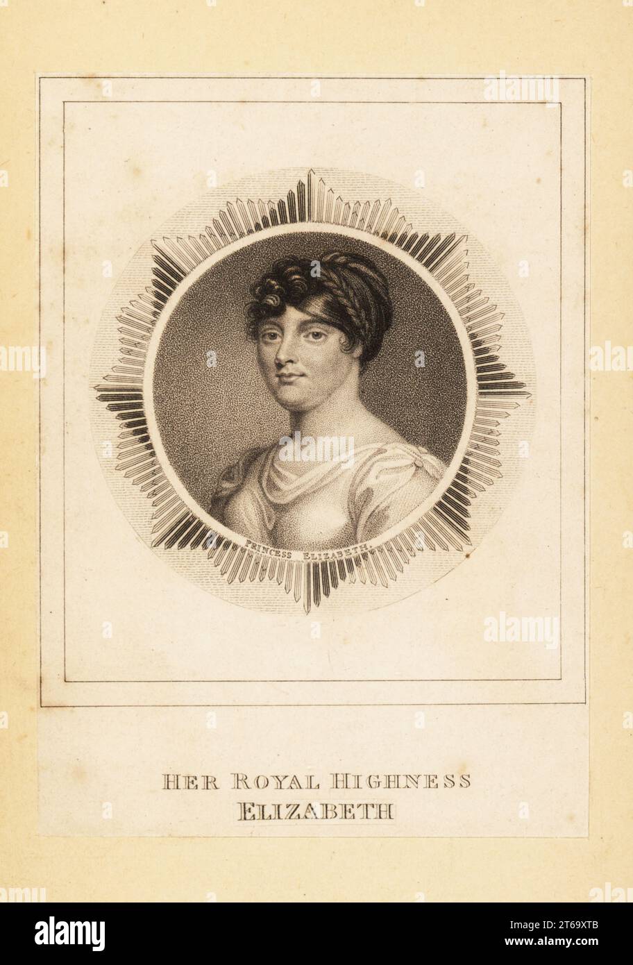 Portrait of Princess Elizabeth of England, in her 30s, 1770-1840, third daughter of mad king George III and Charlotte of Mecklenburg-Strelitz. Later, by marriage, Landgravine of Hesse-Homburg. With hair up in braids, white robe, within a circular frame, decorated border. Her Royal Highness Elizabeth. Copperplate engraving from unknown publication, London, 1800s. Stock Photo