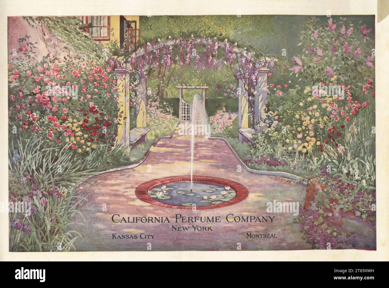 Title page with landscape view of an overgrown garden with fountain