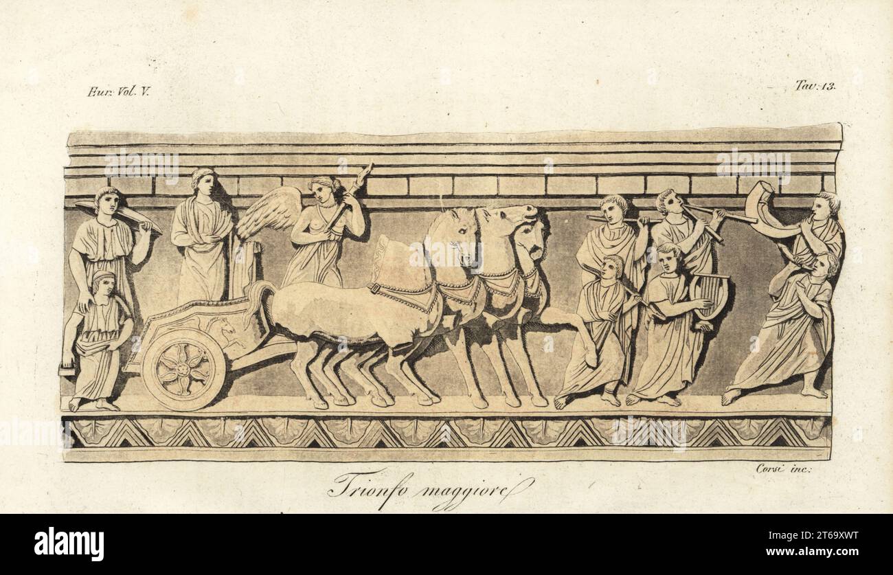 Etruscan major triumphal parade. A warrior in a quadriga four-horse chariot with shield-bearer, led by musicians, trumpeters, lyre and tibia. Trionfo maggiore. From an alabaster grave stone. Handcoloured copperplate engraving by Corsi from Giulio Ferrarios Costumes Ancient and Modern of the Peoples of the World, Il Costume Antico e Moderno, Florence, 1843. Stock Photo