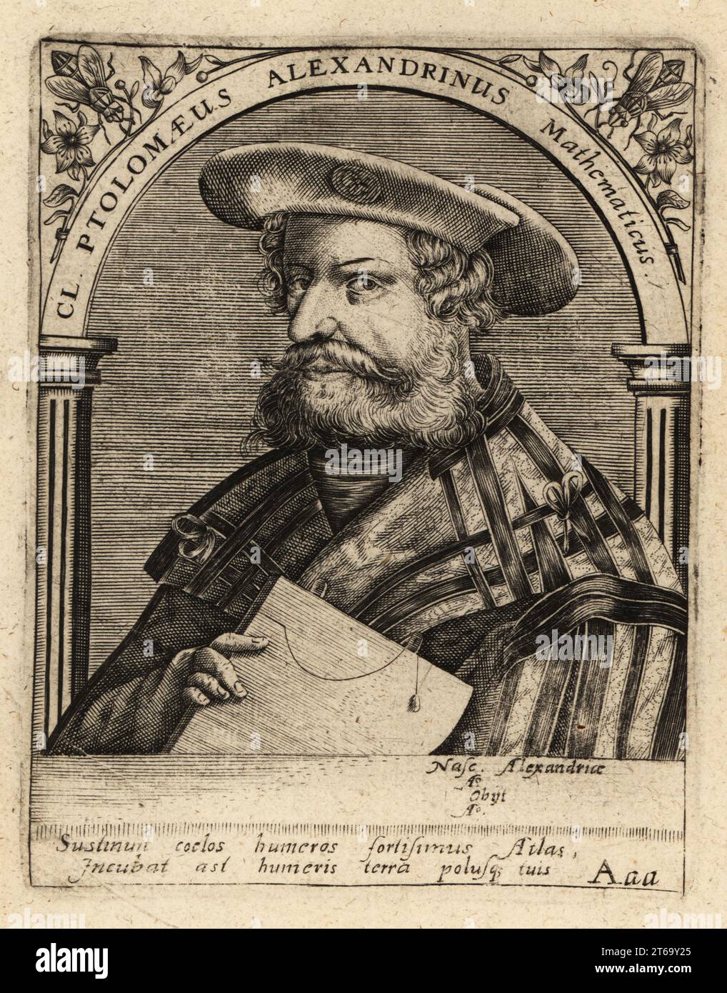 Nicolaus Germanus, German cartographer who published an edition of Jacopo d'Angelo's Latin translation of Ptolemy's Geography, c1420-1490. CL Ptolomaeus Alexandrinus Mathematicus. Copperplate engraving by Johann Theodore de Bry from Jean-Jacques Boissards Bibliotheca Chalcographica, Johann Ammonius, Frankfurt, 1650. Stock Photo