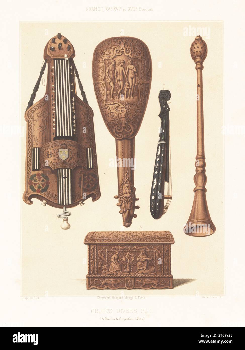 Musical instruments, France, 15th to 17th century. Vielle or hurdy-gurdy owned by Catherine de Medicis 1, Italian mandolin 2, flute 3, pochette or pocket fiddle 4, and carved wooden box 5. Coffret et instruments de musique, XVe au XVII siecles. From the Carpentier collection. Chromolithograph by Franz Kellerhoven after an illustration by Claudius Joseph Ciappori from Charles Louandres Les Arts Somptuaires, The Sumptuary Arts, Hangard-Mauge, Paris, 1858. Stock Photo