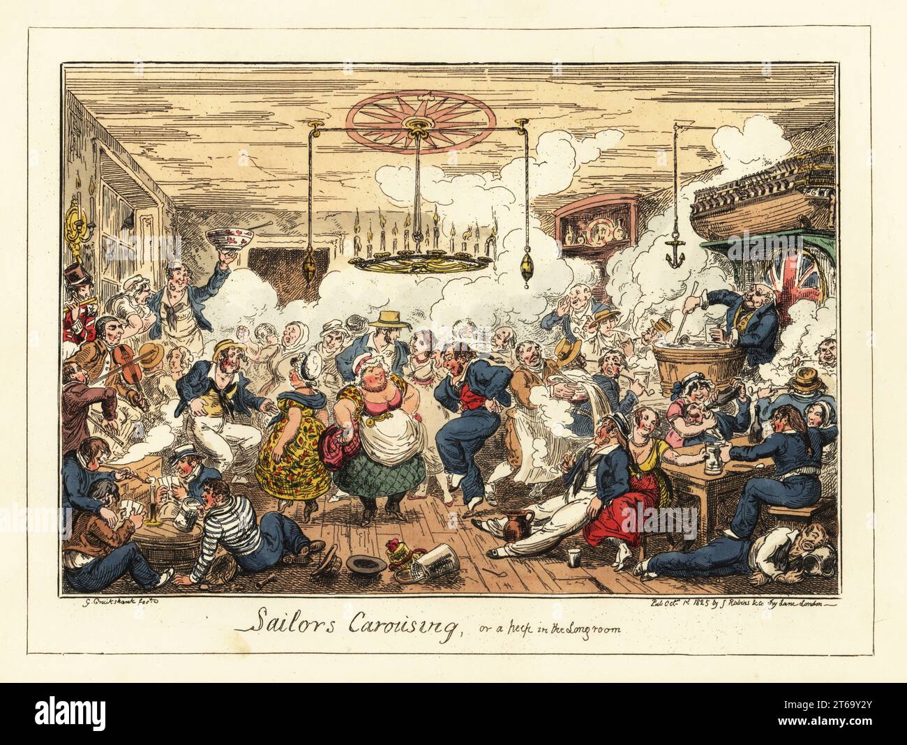 English sailors drinking and dancing in a pub, Napoleonic era. Midshipmen dance with prostitutes, drink punch, beer and wine, play cards, fall asleep drunk. The bar is decorated with a Union Jack, a hulk, anchors and lamps. Sailors Carousing, or a Peep in the Long Room. Handcoloured lithograph by George Cruikshank from Greenwich Hospital, a Series of Naval Sketches, by An Old Sailor (Matthew H. Barker), published by James Robins, London, 1826. Stock Photo